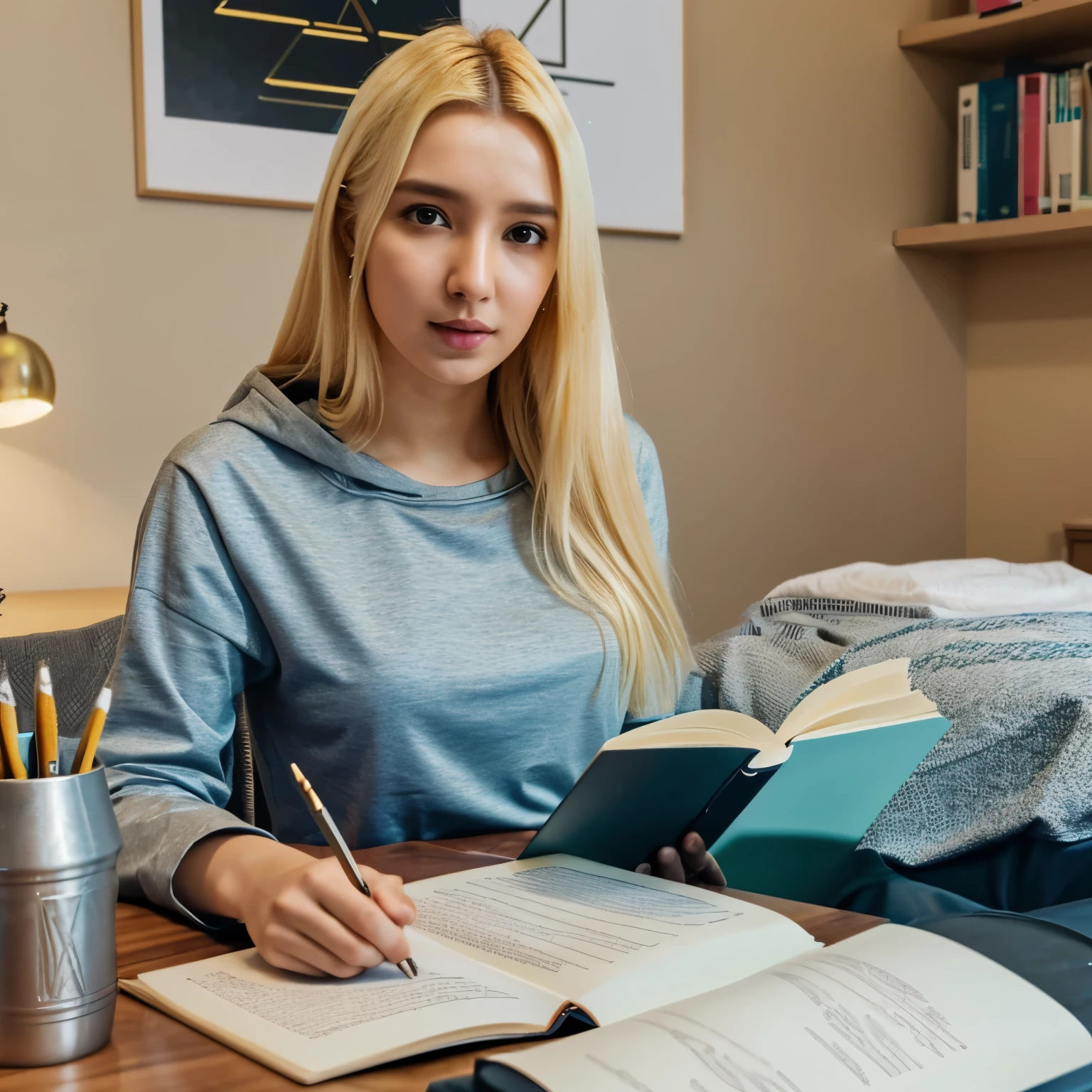 there is a blonde person sitting at a desk reading a book, studyng in bedroom, with subtitles, youtube video screenshot, cyberpunk ikea, someone in home sits in bed, mahira khan as a d&d wizard, trying to study, live-action archival footage, instagram story, someone sits in bed, wizard sits reading at a desk, with a laptop on his lap