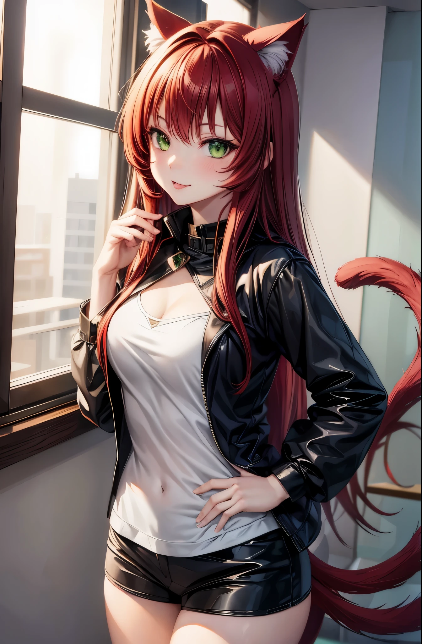 young cute anime catgirl, dark red hair, deep green eyes, cat ears and cat tail, seductive look, anime style, mouth closed smile