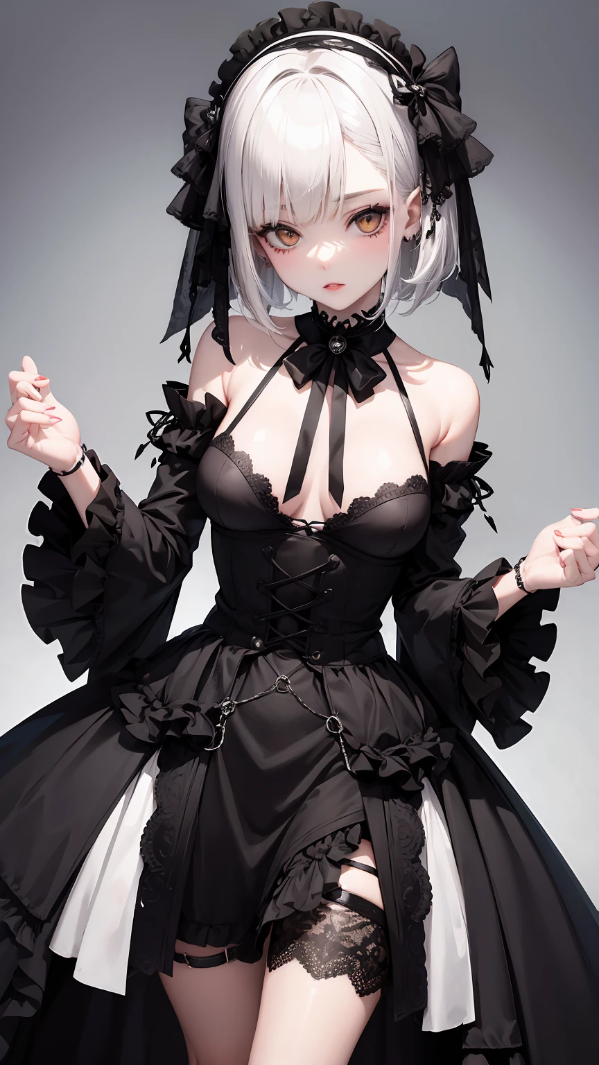 1Woman milf “"Giant breasts" + "large rear" + "wide hips" + " tiny waist" + "plump thighs" + "white eyes" + "Black eyeliner" + (("neutral expression")) + "medium short hair white color Hair" + "Red Lips" + "Lucious Lips"”)}, {“Outfit”: Black Gothic Lolita style dress, black shoes, gothic accessories, Gothic black makeup, Doll joints}).