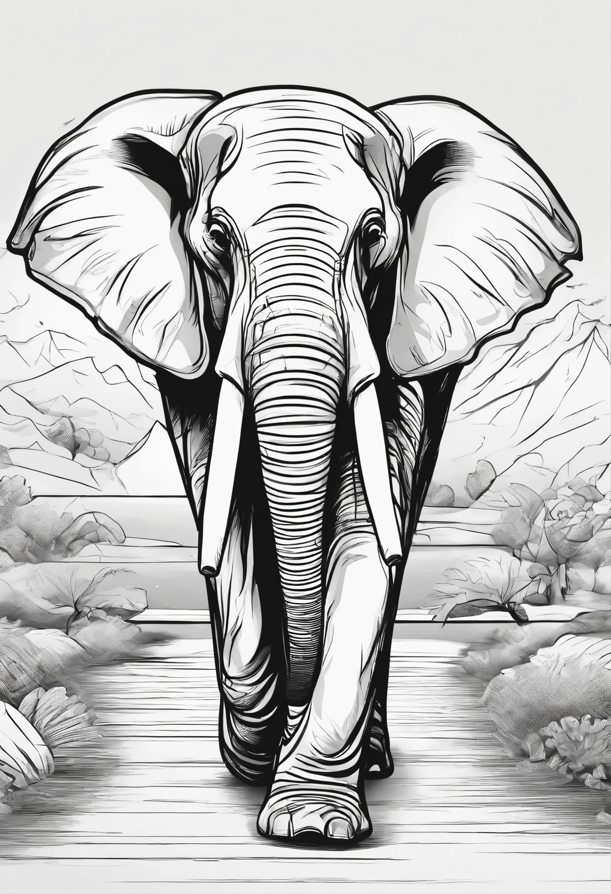 an elephant walking in a pathway, line art, cartoon character, 3d style, high-quality, coloring book, hand draw, line art