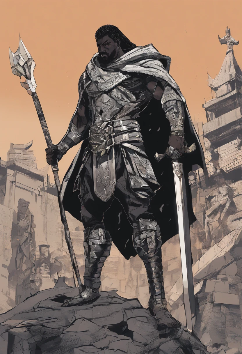 Um homem negro, gordo ((1,75cm_123kg)), usando roupas de guerreiros africanos antigos , carrying a shield in his left arm and a spear in his right arm, com poderes da terra e tendo um stand ((Jojo)) das sobras chamado "castle of Glass" , usando cabelo dread ((corpo_todo))