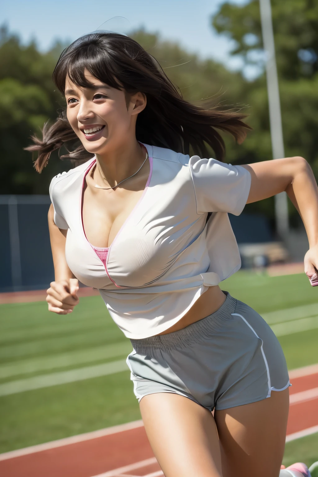 (in 8K、超A high resolution、Best Quality、masuter piece、RAW portrait of Japan and American mixed race girl、超A high resolution、top-quality:1.1) (huge-breasted、Pretty big breasts、cleavage of the breast:1.3)(Running Wear、High Leg Racing Bloomers、RunningShoes、Track & Field Athletes:1.5)(low angles、Driving in the track lane、Sprinting、I run with my chest shaking quite a bit、Sprinting through the university's athletics field:1.4) BREAK (Natural Skin Texture、Detailed skin、Hyper-Realism、ultra sharpness)、intricate detailes、depth of fields(​masterpiece、top-quality、high-detail、Photorealsitic:1.1)、(Happy smile、Pretty black hair short bob、big eye、Distinct double eyelids、Crisp double、a small face)(gazing at viewer、Highlights in the eyes、Light brown eyes、lipgloss)