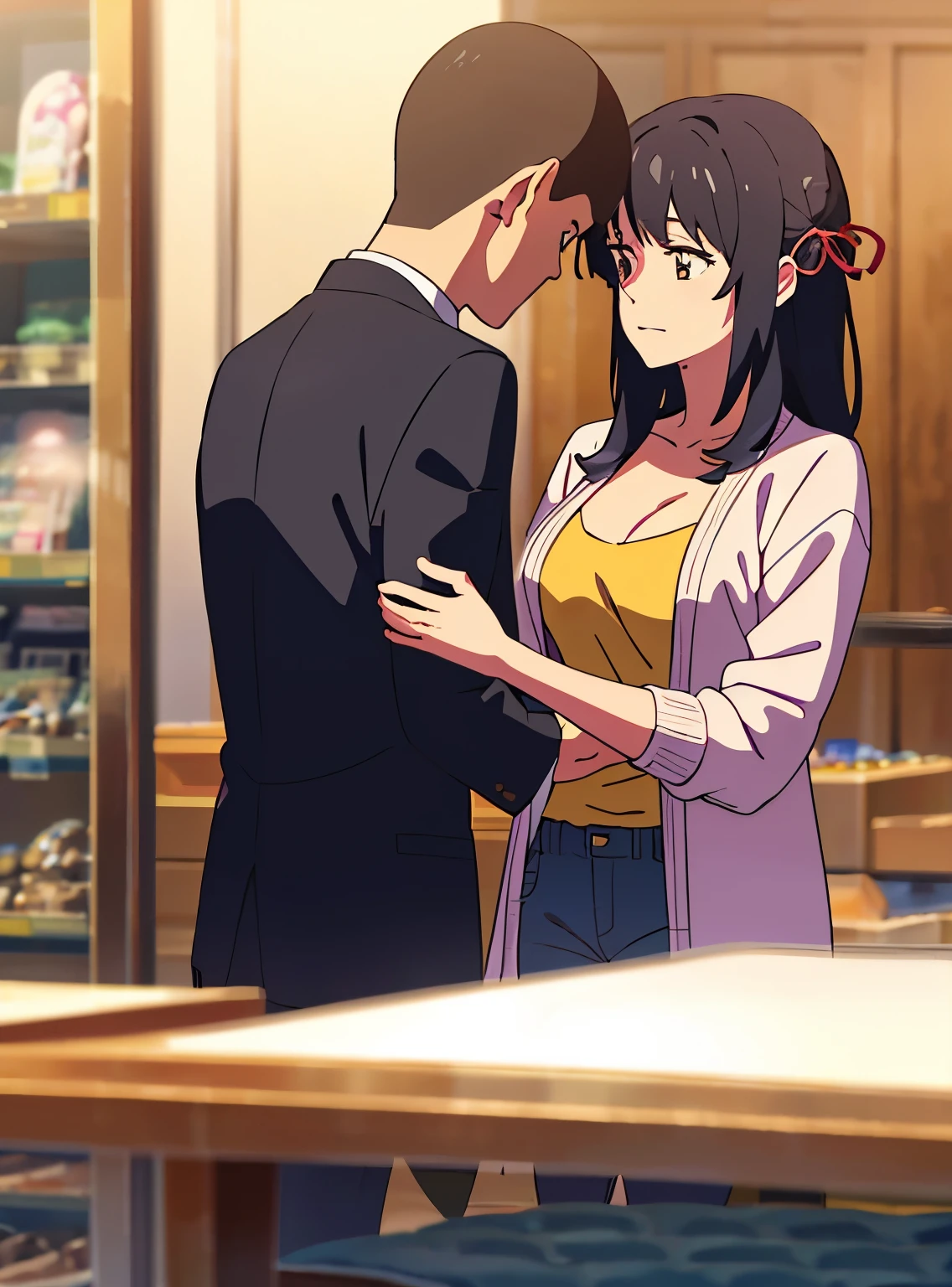 shinkai makoto, kimi no na wa., 1 middle aged man, wrinkled face, black hair, office suit, hug, passionate hug, sniffing neck, 1girl, bangs, black hair, brown eyes, open mouth, Twisted Half Up, red ribbon, long hair, long sleeve light yellow cardigan, open shirt, white shirt, cleavage, breast, medium breast, jewelry shop, indoors, mall, masterpiece, perfect anatomy, cowboyshot