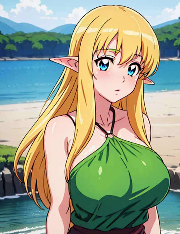 (masterpiece, best quality, high resolution, anime colored, anime screencap, 8k, detailed, photorealistic), tifania, The Familiar of Zero, blue eyes, blush, elf, long hair, large breasts, pointy ears, blonde hair, sideboob, green clothes, (upper body:1.5), lake