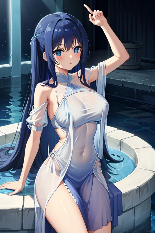 (highest quality, 8K, 32K, masterpiece, UHD: 1.3), 1 female, (Oversized: 1.3), perfect figure,, (attractive), (Sheer skin)) 、((((Transparent see-through dress))))、see-through dresses、lace sheer dress、Transparent dress、Sheer skin、Transparent dressを着た美しい裸の女性、solo、best style、big breasts、The most beautiful in the world、unparalleled beauty、long hair、 ((blue bathhouse)),、Blue lighting. concept art stunning atmosphere, blue atmosphere, beautiful concept art, Dark Majestic gorgeous public bath,、(blue water辺、blue water)、blue stone、blue stone、blue reflection、Cyan color、get wet in blue water、Blue light、blue flower、Blue roses、Blue World、Expressive、sexy pose、sexy design、nipple