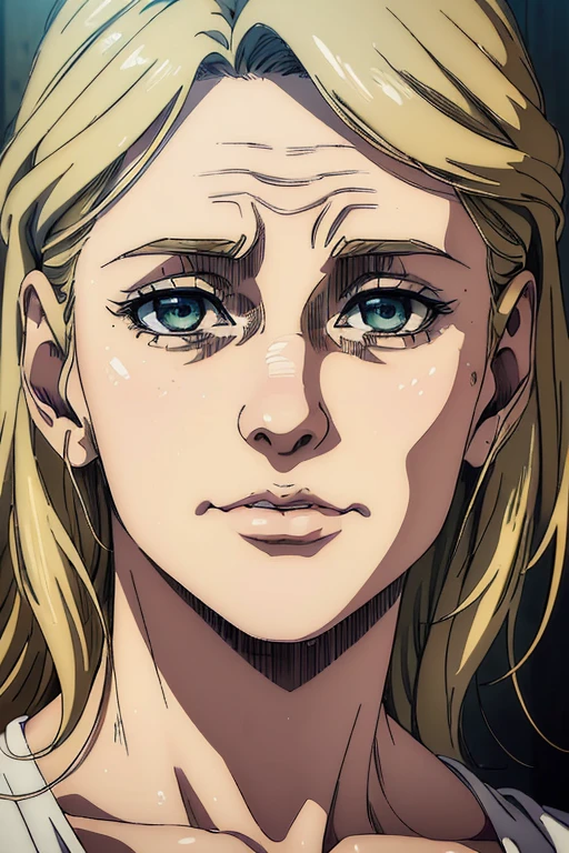 (best quality,4k,8k,highres,masterpiece:1.2),ultra-detailed,(realistic,photorealistic,photo-realistic:1.37),portraits,mappa art style, 45 old female character,hazel eyes, blonde hair,sharp jawline, wrinkles on forehead and cheeks
