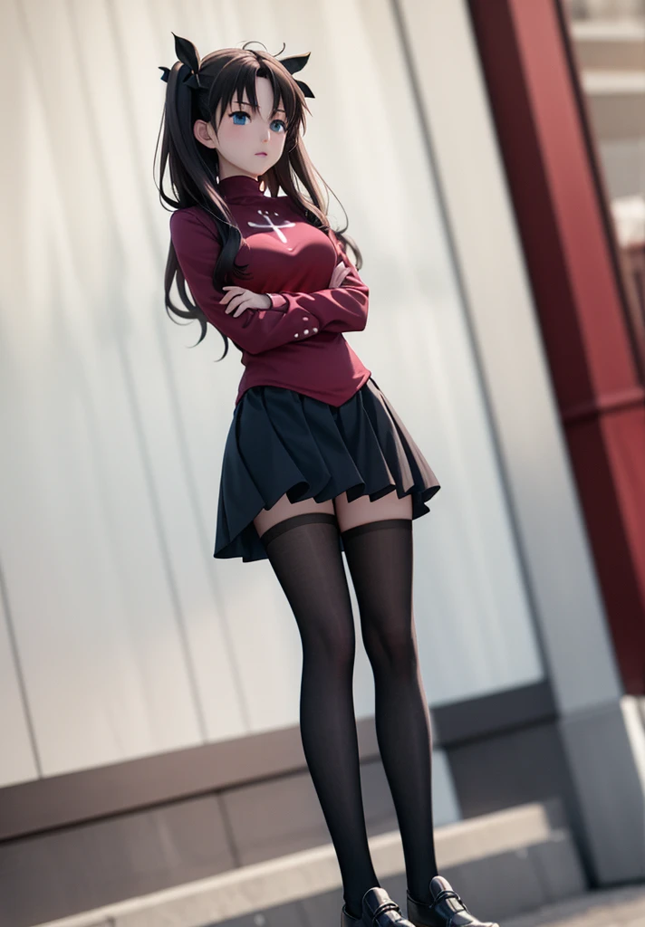 masterpiece, best quality,1girl, tohsaka rin, solo, long hair, thighhighs, skirt, blue eyes, two side up, black thighhighs, black hair, crossed arms, (kbxll:0.6)