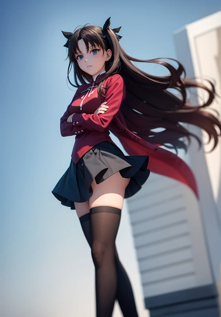 masterpiece, best quality,1girl, tohsaka rin, solo, long hair, thighhighs, skirt, blue eyes, two side up, black thighhighs, black hair, crossed arms, (kbxll:0.6)