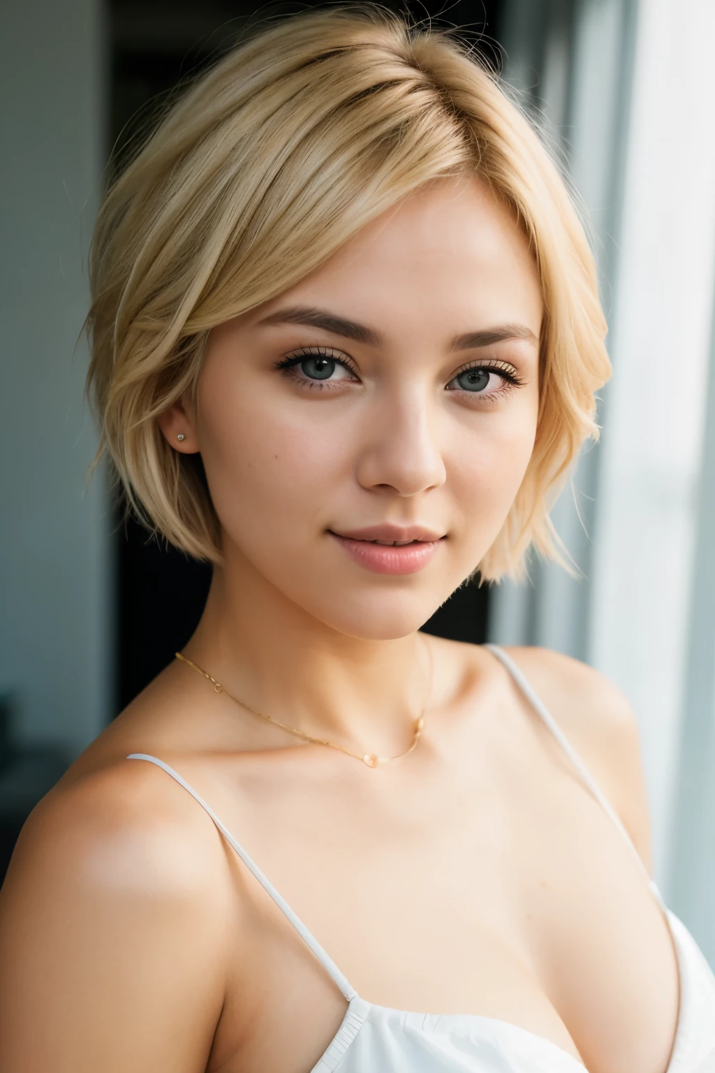 RAW photo of blonde woman,short hair, face portrait, sexy, cute、clear、Photoreal、perfect skin、Charm8k uhd, dslr, , high quality, film grain, Fujifilm XT3,