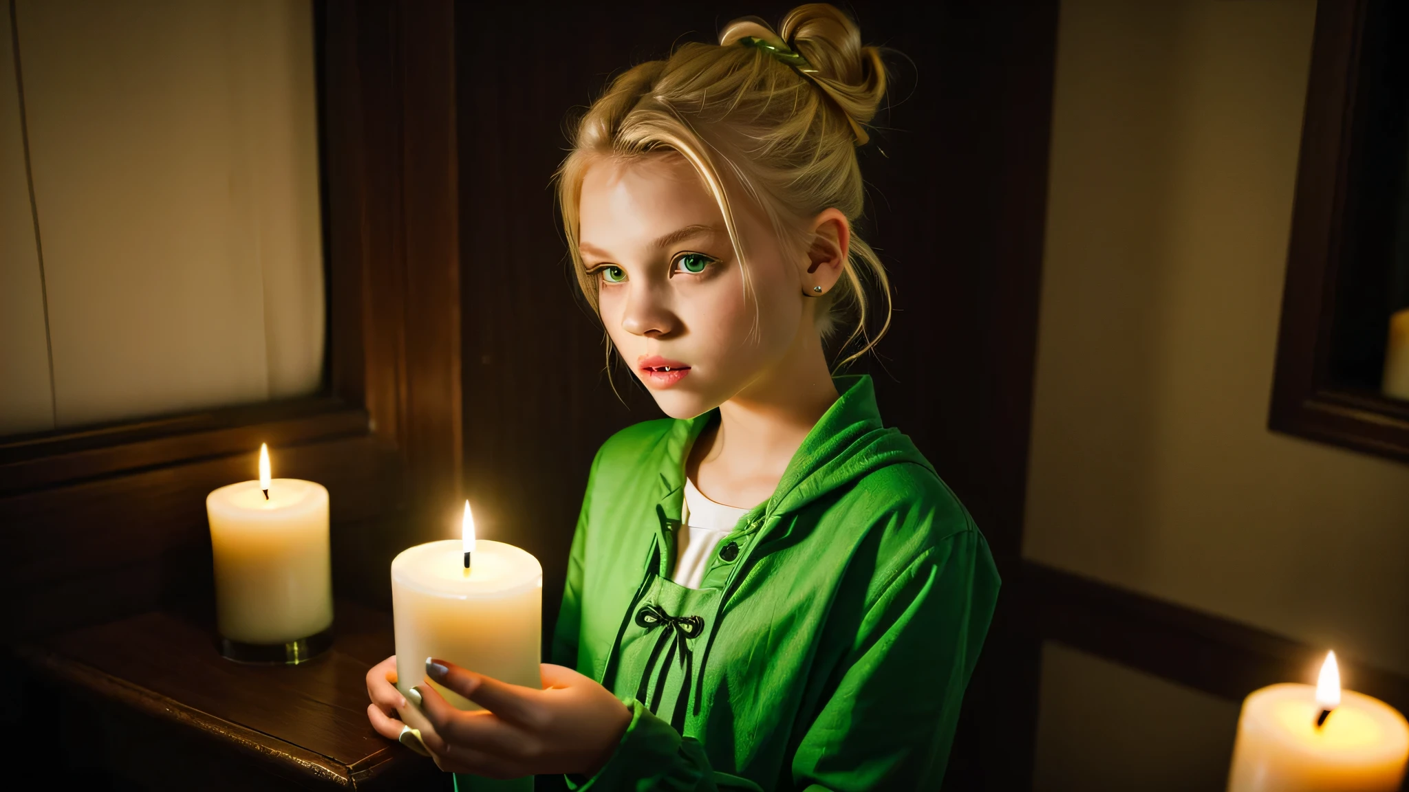 KIDS GIRL vampire blonde HAIR BUN green clothes. and candles, green light candles., banished of sin