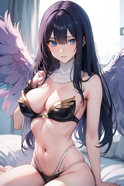 Black hair, blue eyes, sexy, large breasts, beautiful body, bed, angel wings