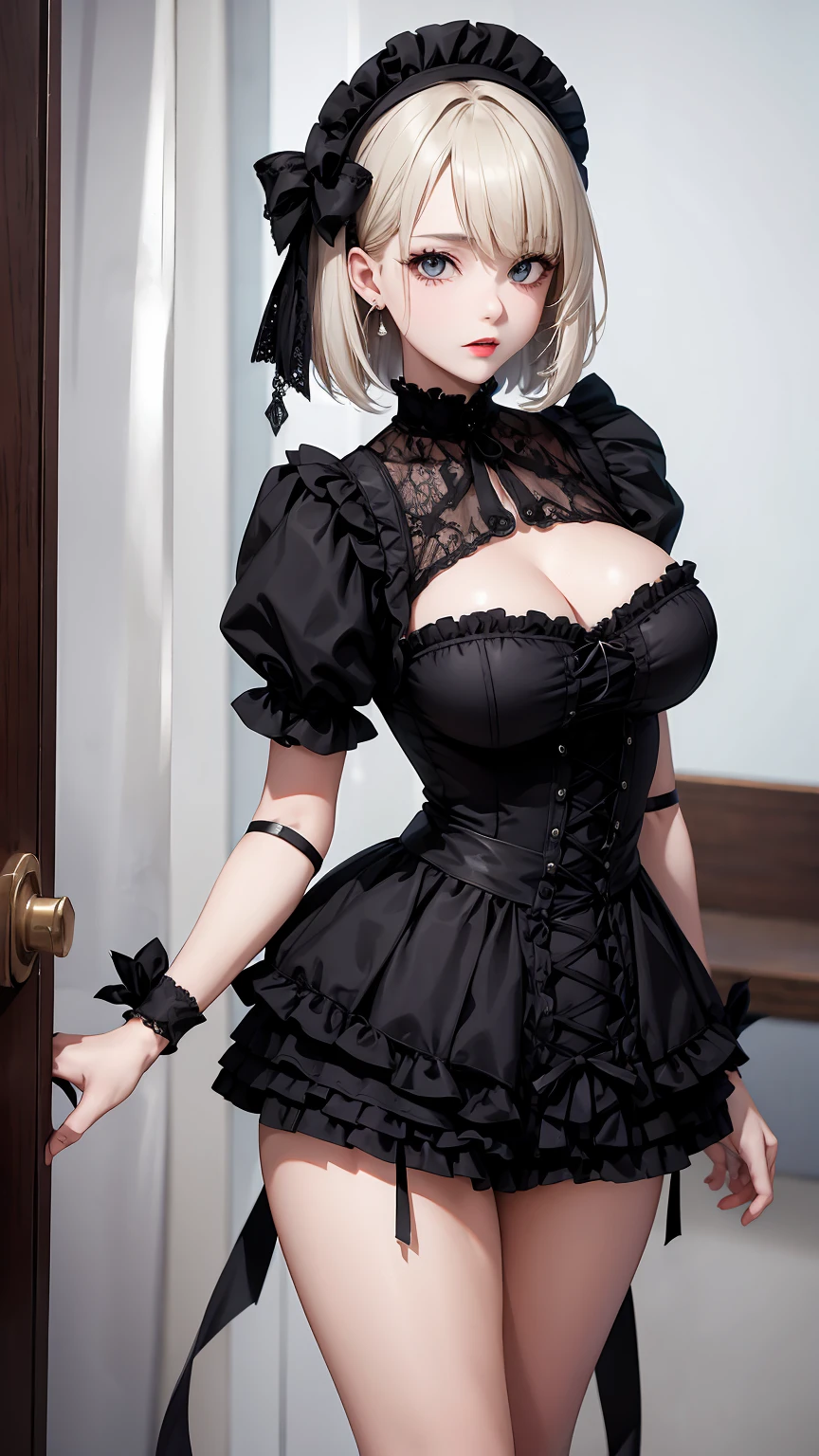 1Woman milf “"Giant breasts" + "large rear" + "wide hips" + " tiny waist" + "plump thighs" + "white eyes" + "Black eyeliner" + (("neutral expression")) + "medium short hair white color Hair" + "Red Lips" + "Lucious Lips"”)}, {“Outfit”: Black Gothic ta style dress, black shoes, gothic accessories, Gothic black makeup, Doll joints}).
