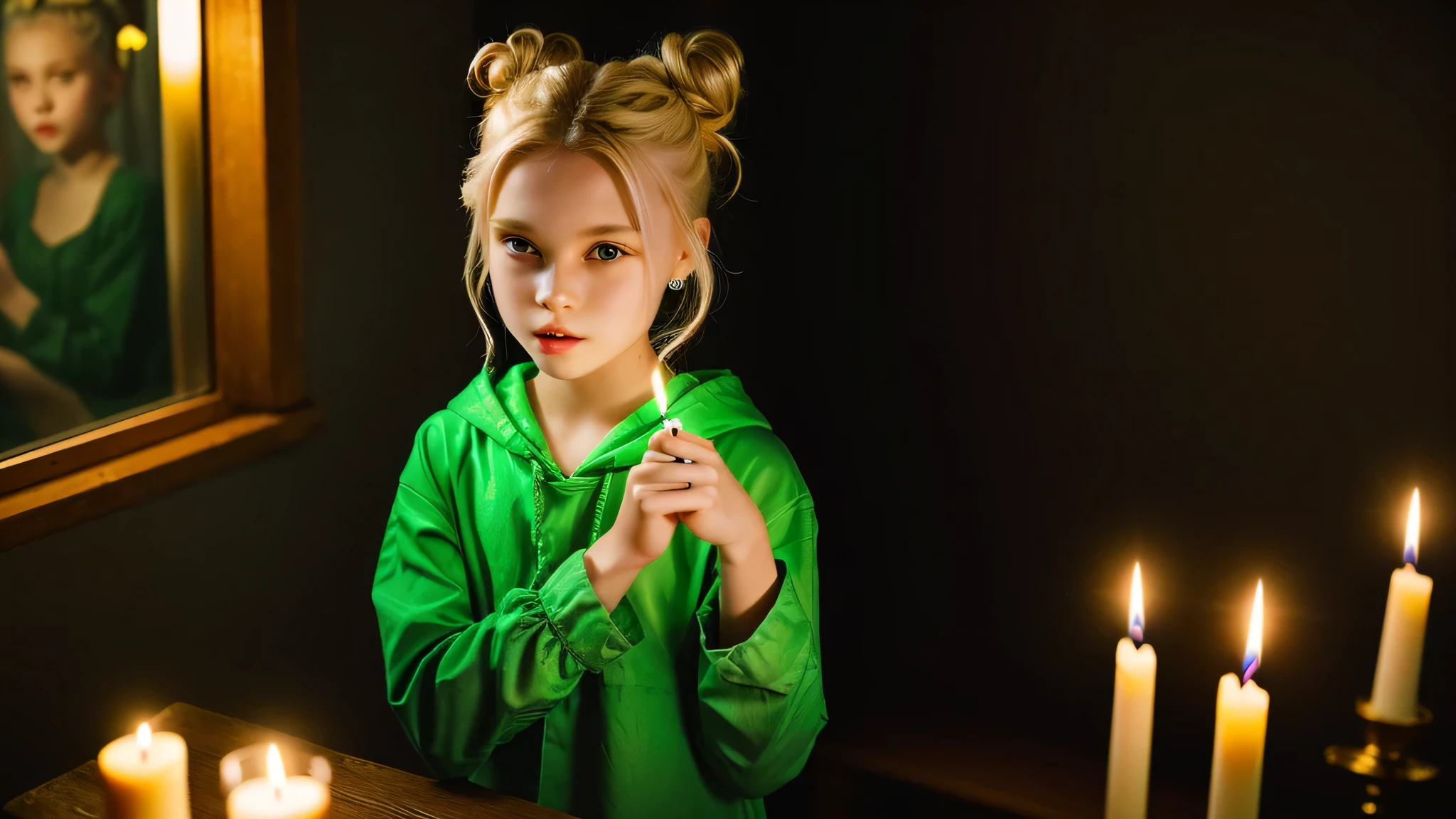 KIDS GIRL vampire blonde HAIR BUN green clothes. and candles, green light candles., banished of sin