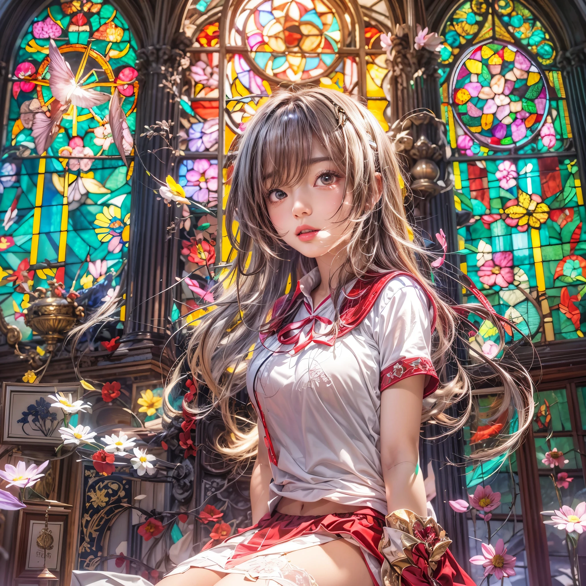 (NSFW:-0.98) . White and Red, (Dazzling colorful light pours down and reflects:1.2), (Physically-based Rendering with incredible detailed Textures), Award-winning Masterpiece of professional Analogue photograpy, Hasselblad Open aperture, (((Realistic and Photorealistic:1.37))), (((Acutance:0.85), { from below | from side } )) . ((A group photo of many KAWAII girls in ()) with visible Overflowing Cleavage) and Navel without bra . (((Extremely detailed KAWAII face variations)) with joyful expressions), { Detailed natural eyes with sparkling highlights and long eyelashes | Rosy cheeks | Navel | (pretty Ass) | (Overflowing underboob) | Oiled ivory skin Details | White panties with (blood seeping only in crotch area) | ((full of Flowers covering girl's body:1.15)) | (((Dazzling colorful stained glass with stunning elaborate details:1.2))) | Mystic sight | A Halo ling in the air | God rays | Haze | Lens flare | Luminescent particles | Kissing face to face } . Ultra-detailed, (Exposed:0.8), (((Nipple:-0.9))) .