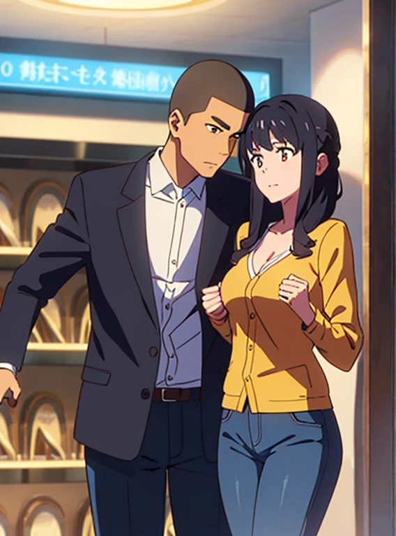 shinkai makoto, kimi no na wa., 1boy, buzzcut, breon jacket, gray pants, muscular,boy caressing girl's body, breast groping, breast grope, hold breast, 1girl, bangs, black hair, brown eyes, waterfall braid, red ribbon, long hair, long sleeve light yellow cardigan, open shirt, yellow shirt, cleavage, breast, medium breast, blue pants,, indoors, jewelry shop, indoors, mall, masterpiece, perfect anatomy, cowboyshot
