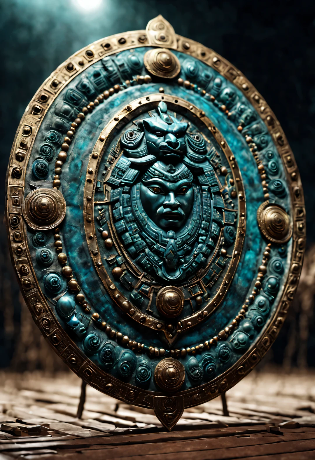 3D rendering of (Oval shield hanging on horseback: 1.37),(T very clearly carved lines: 0.6) Shang and Zhou shield, shield in Shang and Zhou dynasties, is mostly used in car warfare and foot warfare. It is made of iron, gold and leather and is approximately rectangular in shape. Bronze shield decoration and lion face are inlaid in front. All of them are ferocious and frightening to the enemy. Background: holographic battlefield,Beads and String,Arts and Crafts,Beadwork,Carving,Egyptian Faience,by Laurent Baheux,Intense Atmosphere, Industrial Atmosphere, Unreal engine,rendered in octane,V-Ray,UE4,high detail,hyper quality,high resolution,surrealism,hyperrealism,16K,in style of Carl Kleiner
