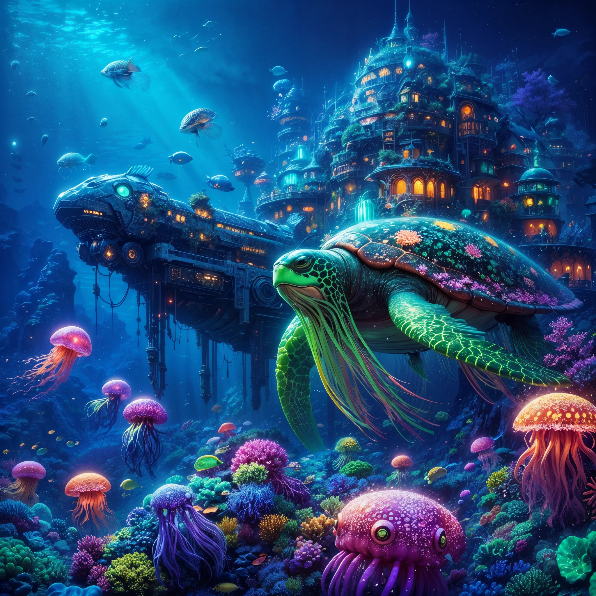 midjourney style, a majestic underwater scene, alien landscape, deep underwater, bioluminescen Corals, a high technology civilization, futuristic alien architecture,alien high tech submarine, bunch of colorful hybrid fish, mutant shiny marine life, glowing green turtle and jellyfish hybrid, purple octopus crab hybrid