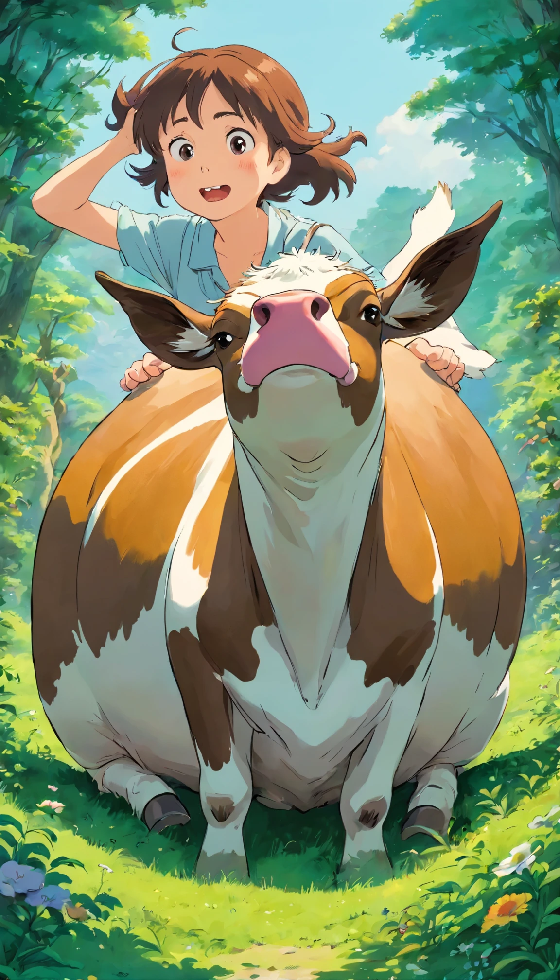 cow pooping over bird