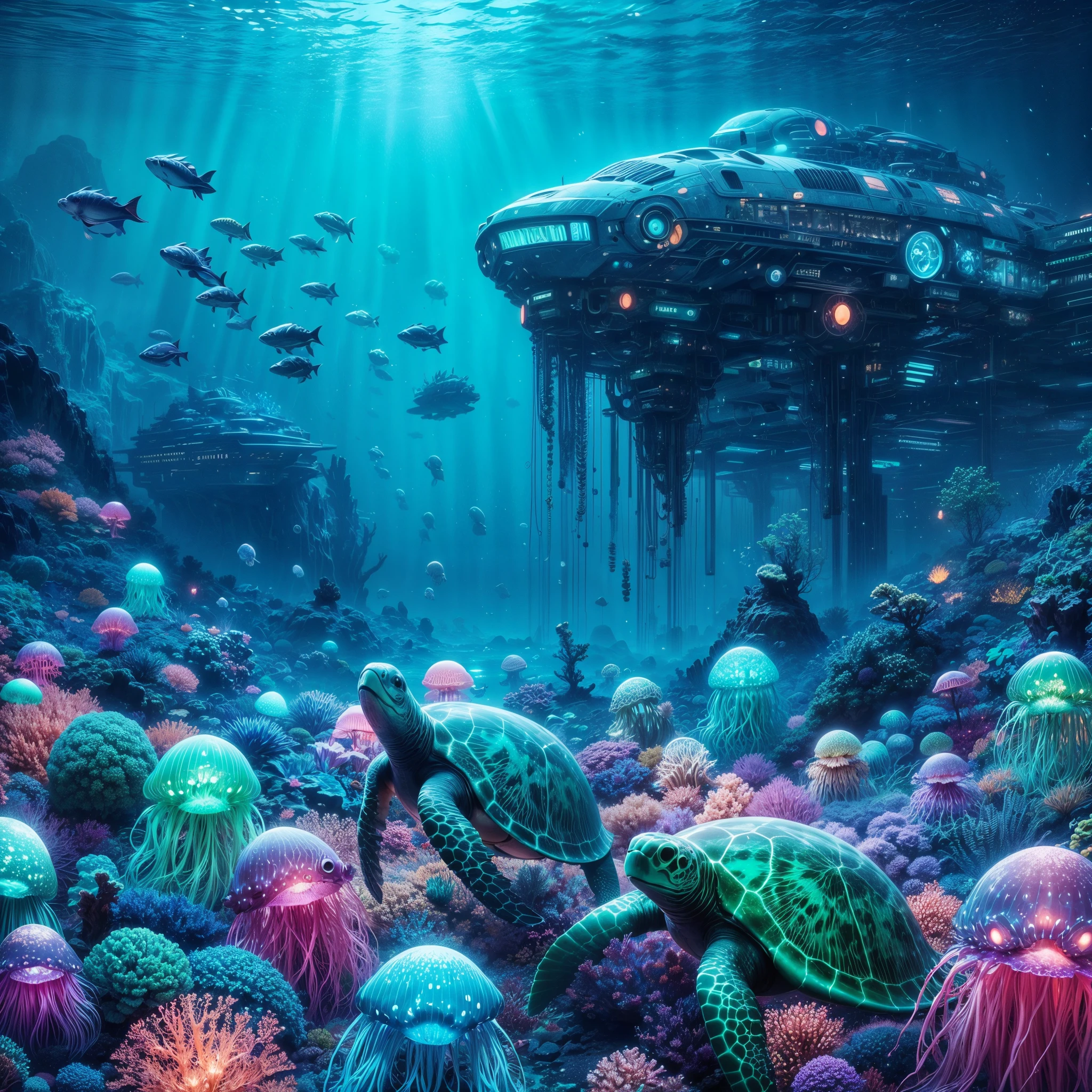 midjourney style, a majestic underwater scene, alien landscape, deep underwater, bioluminescen Corals, a high technology civilization, futuristic alien architecture,alien high tech submarine, bunch of colorful hybrid fish, mutant shiny marine life, glowing green turtle and jellyfish hybrid, purple octopus crab hybrid 