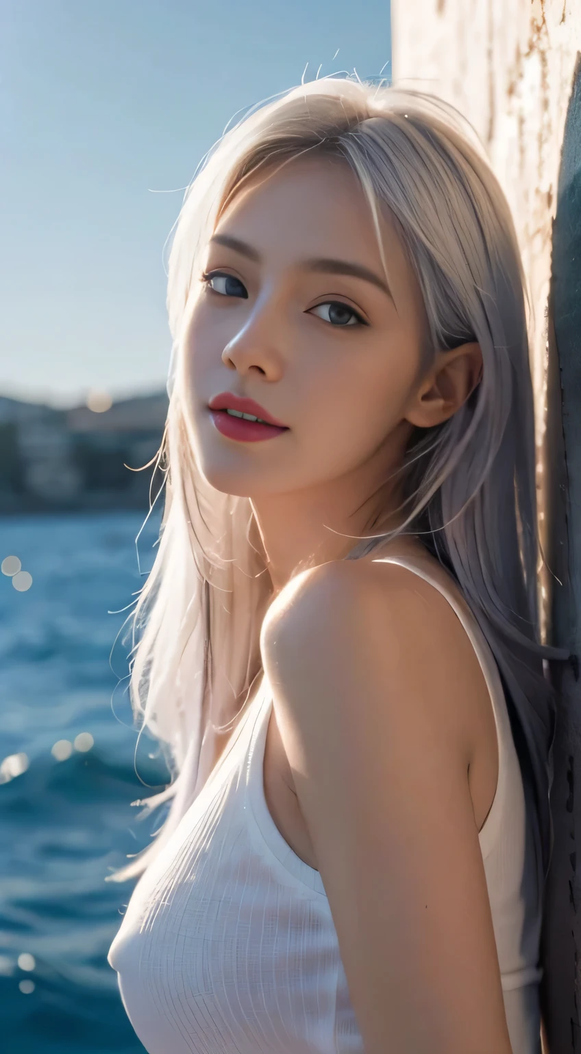 1 girl, (Wear a sexy white t-shirt and blue shorts),(big breasts)((role play)),(( long white hair)),white hair, (perfect face),(perfect fingers),(Perfect blue eyes),(red lips),(Perfect body),masterpiece,actual,Very detailed, high resolution, 8k, (Close-up camera view),looking at camera, smiling, seaside