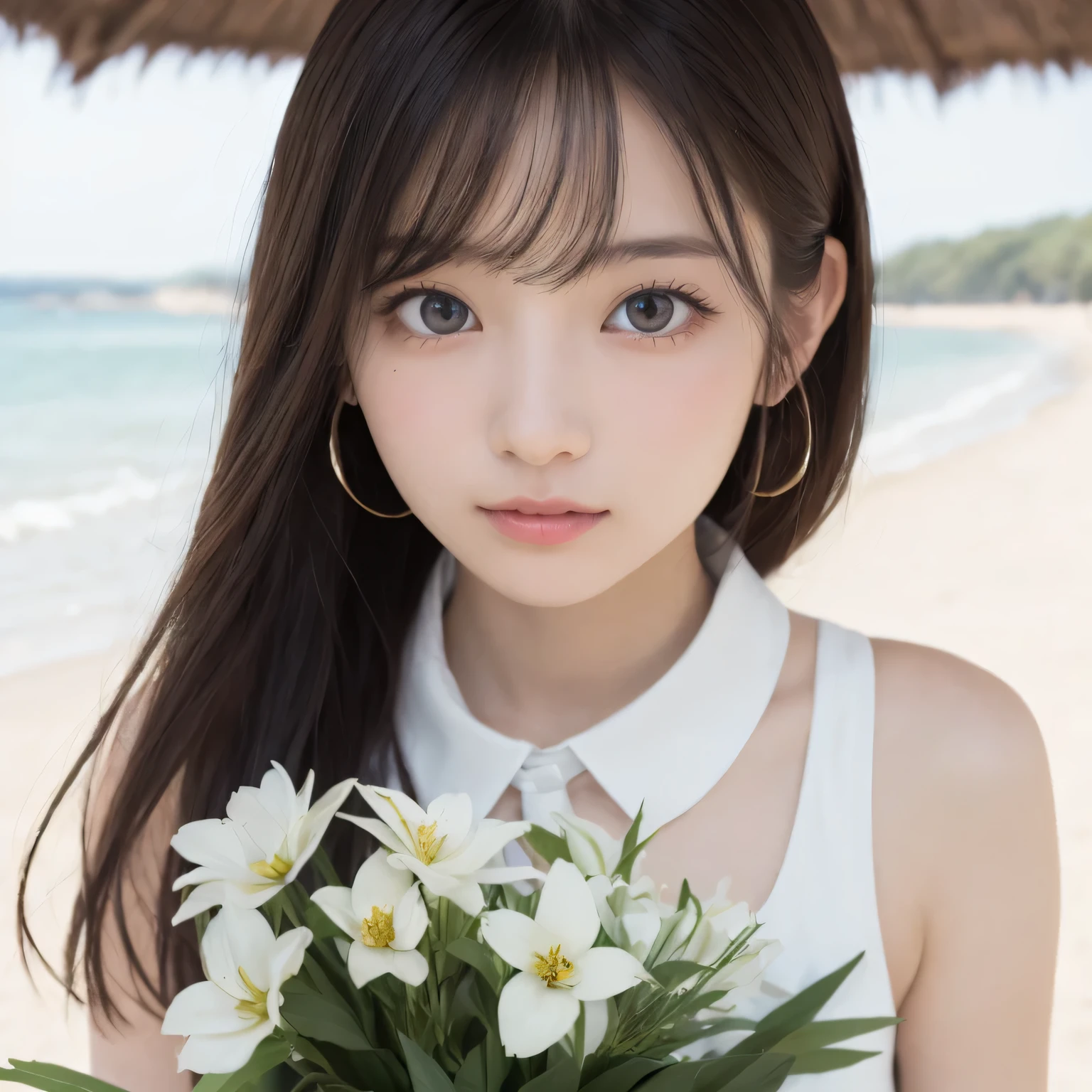Smile、night、24 year old beautiful girl from Prague、original photography、(((ultimate beauty portrait)))、((sparkling skin))、((brown hair))、bright expression、((Big eyes sparkling like gems))、、pantyhose、Glowing and radiant skin、(medium hair)、(silk ponytail)、(standing)、(from below)、under skirt、Eyeliner、beautiful bangs、(Close-up from below)、hair between eyes、((masterpiece、top quality、Super detailed、movie light、intricate details、high resolution、Very detailed))、background for this、8 kood、digital SLR、soft light、high quality、film grain、富士XT3 、shallow view deep、natural soft light、Kamimei、Above the legs、Look at the sexy shots of the camera、collared shirt、Holding a bouquet of flowers、standing at the beach、from below,