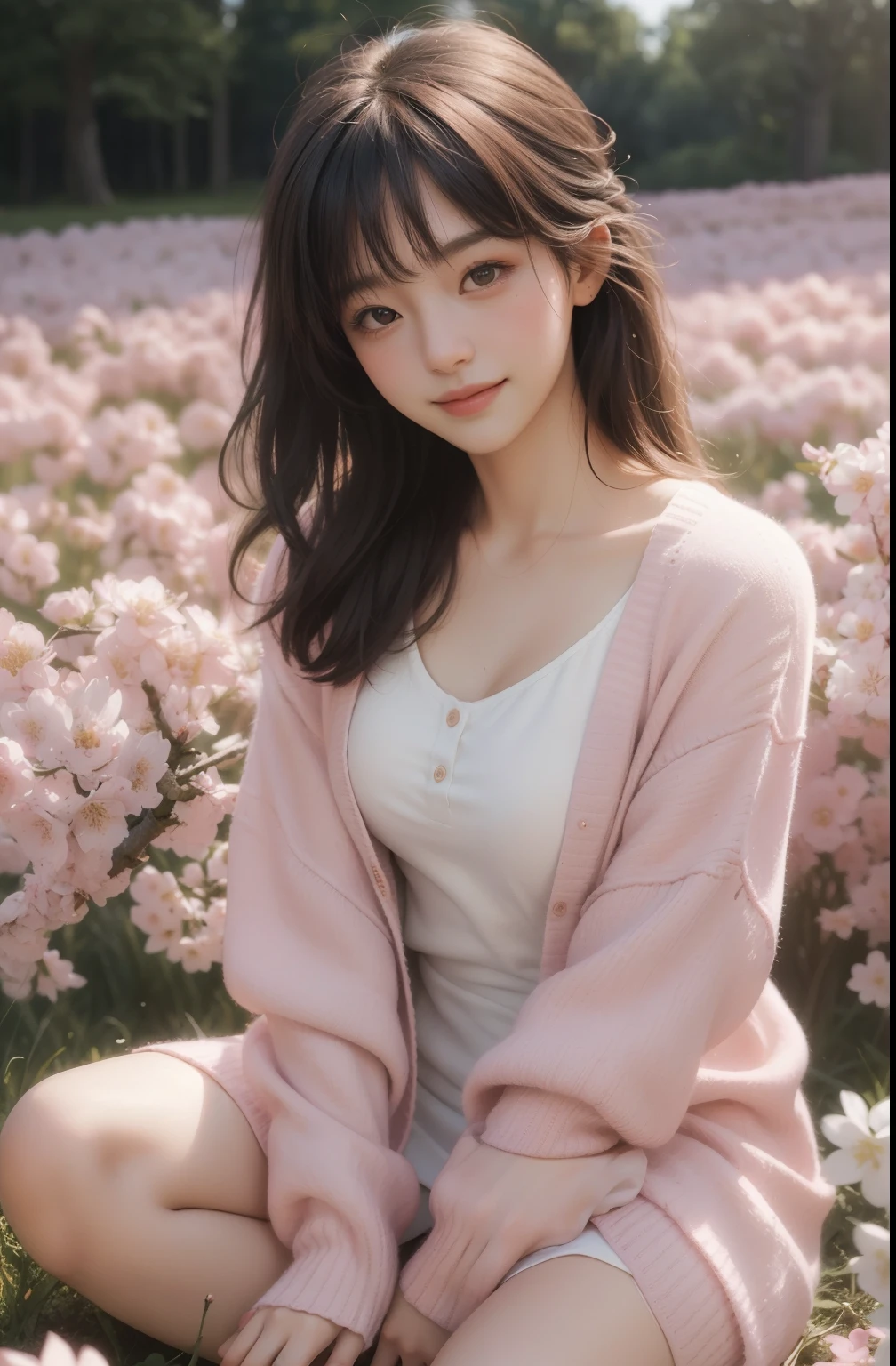 Best quality, masterpiece, ultra high resolution, (photorealistic:1.4), raw photo, 1girl, pink dress and cardigan, sakura blossom flower field, glowing skin, light smile, sitting elegant ,cute