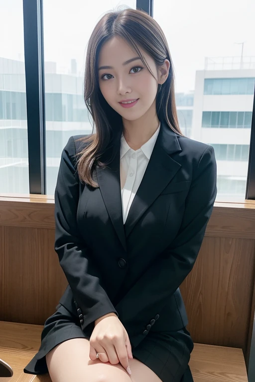 masutepiece, Best Quality, Illustration, Ultra-detailed, finely detail, hight resolution, 8K Wallpaper, Perfect dynamic composition, Beautiful detailed eyes, Business suits,Mini skirt、Medium Hair, Colossal tits:1.2, Natural Color Lip, Sit on a chair and cross your legs,Smile、25 year old girl