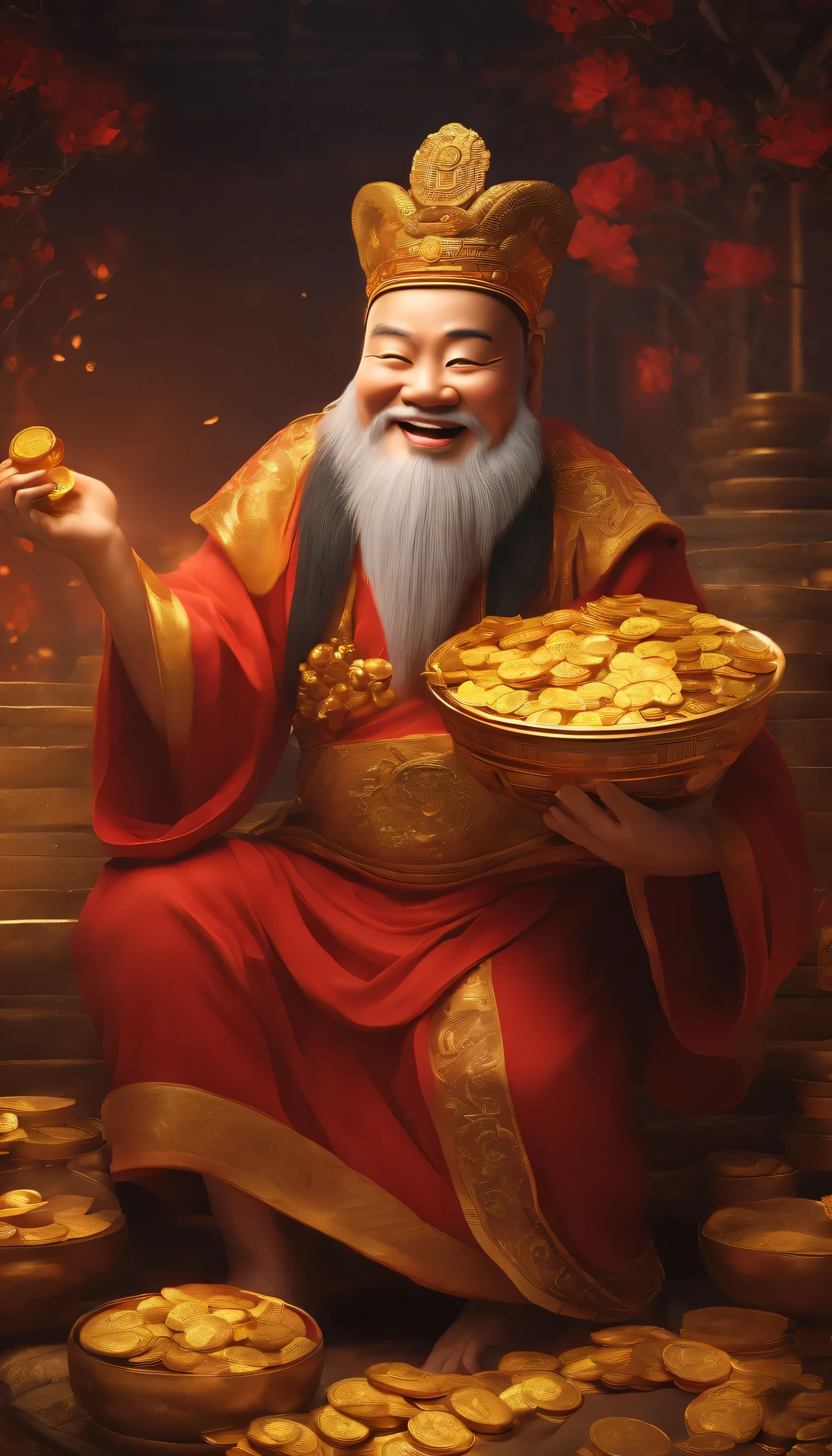 smile charity,Chinese God of Wealth holding a pile of gold coins