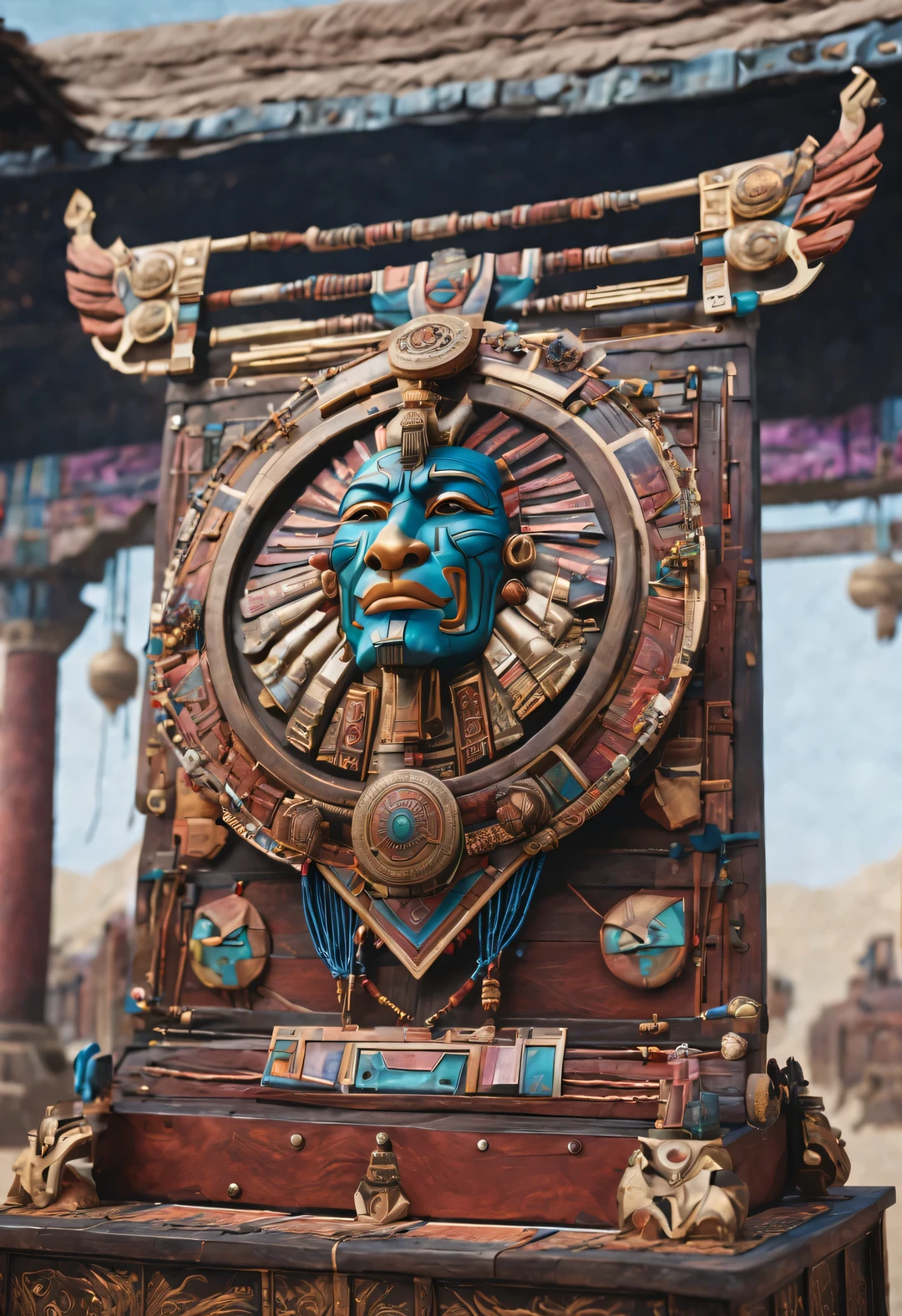 CG scene design,Item design,3D rendering of shield design,Shang and Zhou shields,品牌Shang and Zhou shields,Mostly used in car and foot battles,Made of wood、Made of leather or rattan,Shaped like a rectangle,Frontal inlaid bronze shield decoration,have,lion face etc.,All have fierce faces,frighten the enemy,background:Holographic battlefield,masterpiece,combi,Beads and rope,Art and craft,Beadwork,gem,Sculpture,woodworker,circuit,computer chips,Egyptian painted pottery,author:Laurent Baheux,Intense Atmosphere,Industrial Atmosphere,Unreal Engine,Rendered on octane,V-Ray,UE4,high detail,super high quality,high resolution,Surrealism,Surrealism,16K,