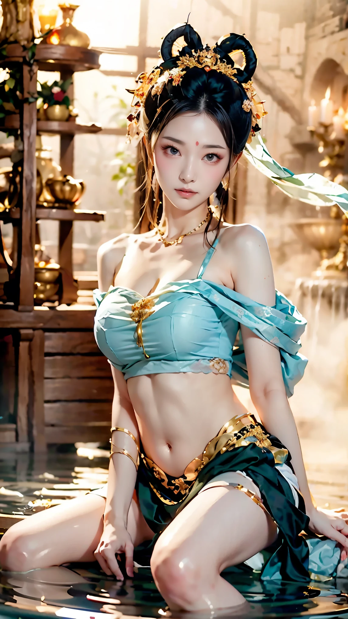 8k,best quality,Work,Very detailed,ultra high definition,feels,beautiful wallpaper,best masterpiece,Tyndall effect,Reality,Highest rendering,extremely beautiful face,ultra high definition晰度,exquisite facial expressions,Detailed description of face,Delicate hair features,look up,hair past shoulders,best quality,extremely high resolution。The heroine sits in the antique hot spring pool,take off shoulders,clavicle,White bellyband,belly button,Holding hands and legs,Spread your legs wide open,Revealing the charming Taohuayuan Yuzu model: Character 2, CFG scale: 7, Hire high-end talents: 1.5