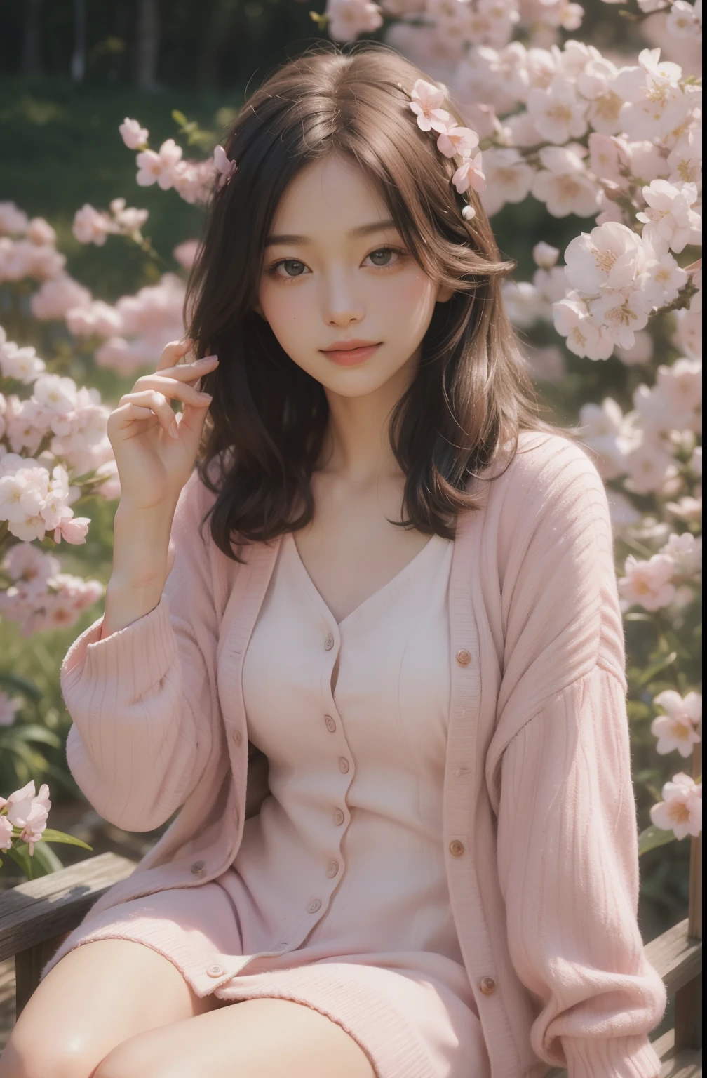 Best quality, masterpiece, ultra high resolution, (photorealistic:1.4), raw photo, 1girl, pink dress and cardigan, sakura blossom flower field, glowing skin, light smile, sitting elegant ,cute