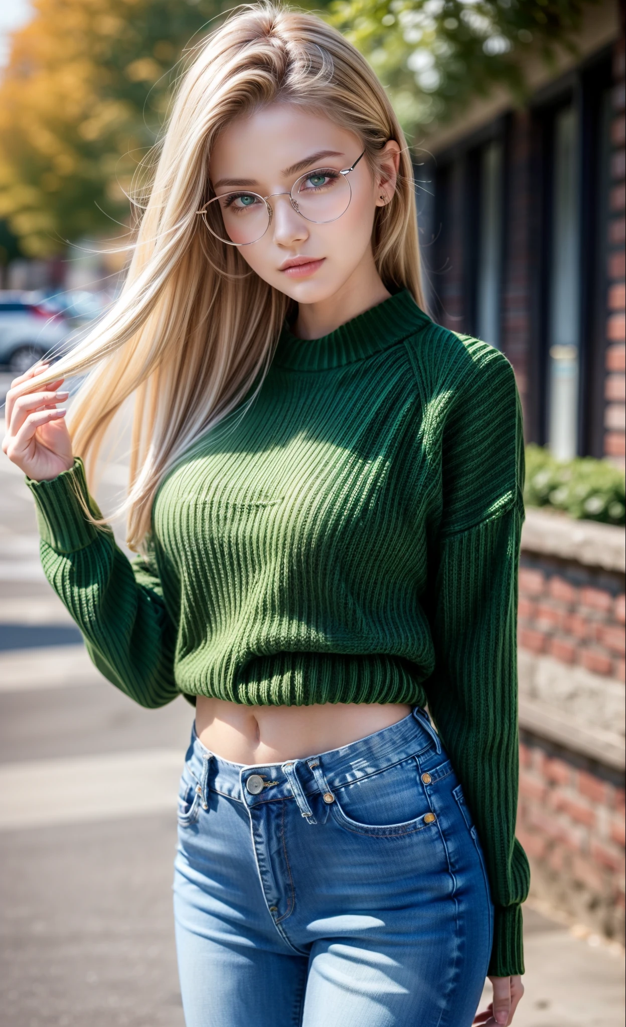 RAW photo, photo realistic:1.2, ultra high resolution, highly detailed face, highly detailed eyes, perfect anatomy, super detailed skin, not safe for work, UHD,
(dynamic angle, casual pose:1.2), outdoors, downtown, (full body:1.2), (beautiful face, beautiful eyes),
1girl, 20-year-old, European woman, blonde hair, straight hair, long blonde hair, forehead, blue eyes, black frame glasses, large breast, (green sweater:1.4), skinny, wide hips, thin waist, (skinny jeans:1.4), (medium blue jeans:1.4), white sneakers:1.2)