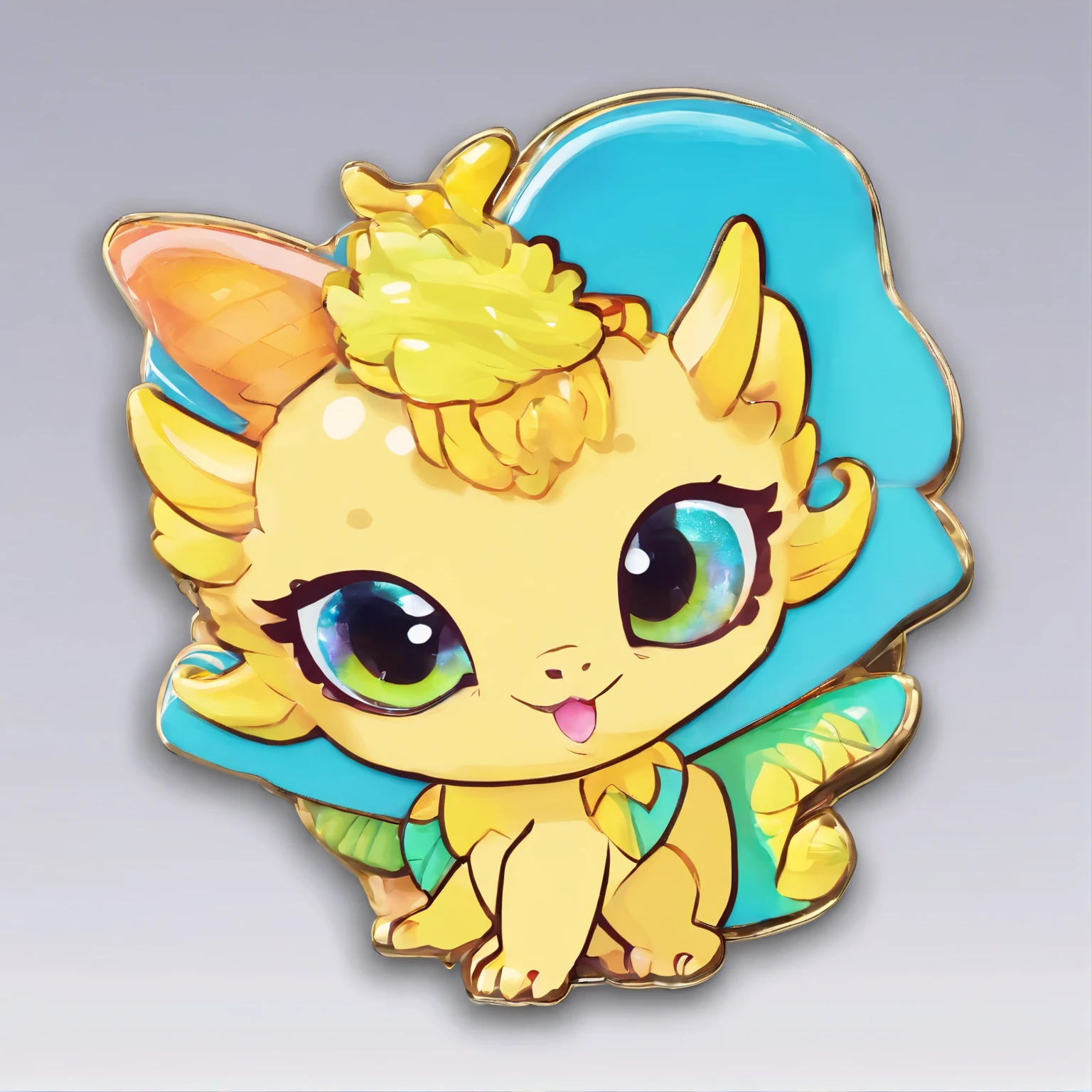 Pin; pins for accessories, colorful baby dragon, baby dragon pin, little kawaii colorful cute baby dragon, big eyes, with wings, big eyes, a tail and fins, simple pin, blue, yellow pastel color, Standard pins