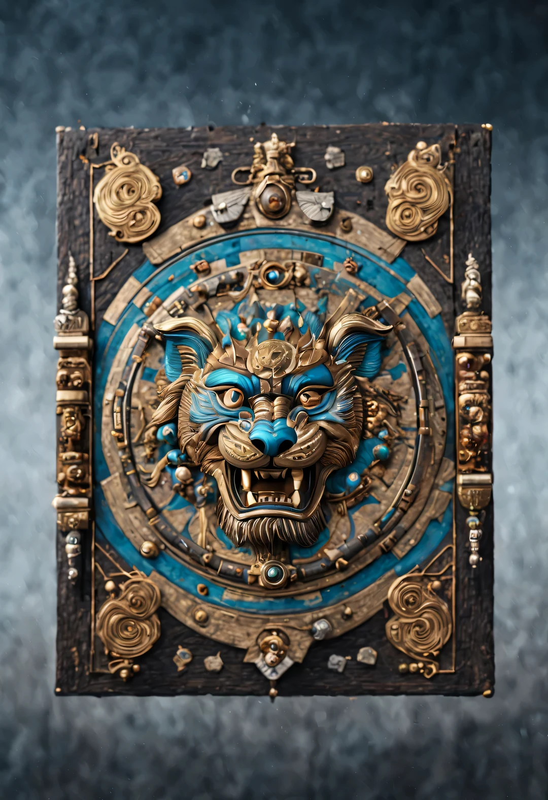 3D rendering of Shield design, Shang and Zhou Dynasties shield, brand Shang and Zhou Dynasties shield, mostly used for car warfare and foot warfare, made of wood, leather or rattan, the shape is similar to rectangular, front inlaid with bronze shield decoration, have, lion face, etc., all ferocious face, frightening the enemy, background: holographic battlefield,Masterpiece,Assemblage ,Beads and String,Arts and Crafts,Beadwork,Bejeweled,Carving,Carpentry,Circuit,Computer Chip,Egyptian Faience,by Laurent Baheux,Intense Atmosphere, Industrial Atmosphere, Unreal engine,rendered in octane,V-Ray,UE4,high detail,hyper quality,high resolution,surrealism,hyperrealism,16K,