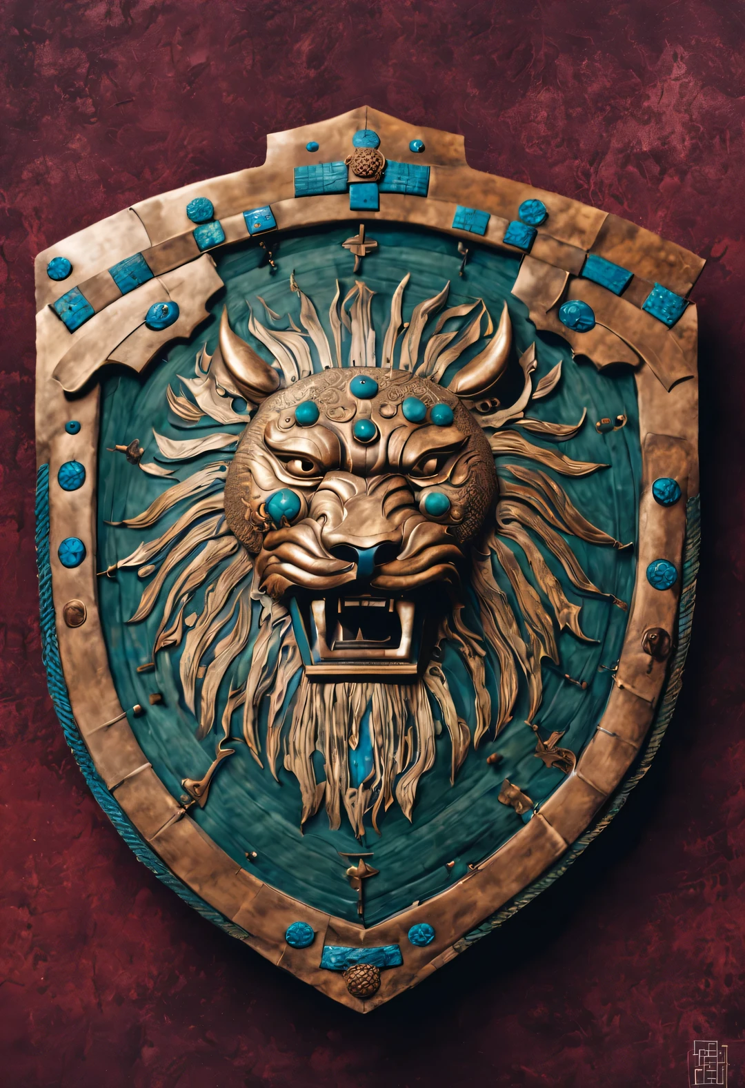 Shield design，Dundun of Shang and Zhou Dynasties，Shield from Shang and Zhou dynasties，Mostly used in vehicle and infantry battles，Use wood、Made of leather or woven with rattan，Approximately rectangular shape，Front bronze shield，have、Lion face etc.，All look ferocious，frighten the enemy。