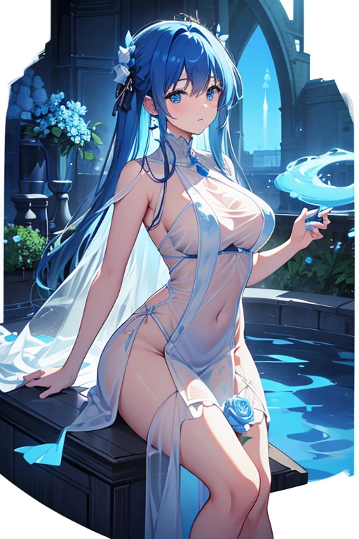 (highest quality, 8K, 32K, masterpiece, UHD: 1.3), 1 female, (Oversized: 1.3), perfect figure,, (attractive), (Sheer skin)) 、((((Transparent see-through dress))))、see-through dresses、lace sheer dress、Transparent dress、Sheer skin、Transparent dressを着た美しい裸の女性、solo、best style、big breasts、The most beautiful in the world、unparalleled beauty、long hair、 ((blue bathhouse)),、Blue lighting. concept art stunning atmosphere, blue atmosphere, beautiful concept art, dark majestic gorgeous pool、(blue water辺、blue water)、blue stone、blue stone、blue reflection、Cyan color、get wet in blue water、Blue light、blue flower、Blue roses、Blue World、Expressive、sexy pose、sexy design、nipple