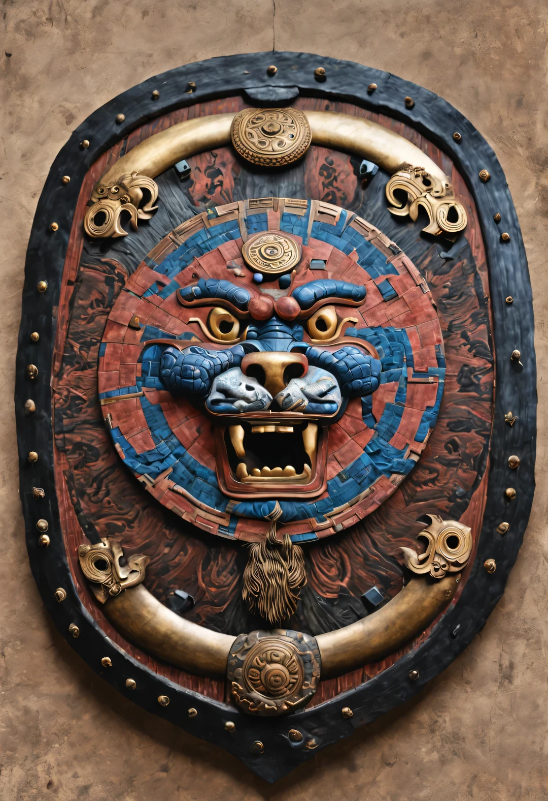 Shield design，Dundun of Shang and Zhou Dynasties，Shield from Shang and Zhou dynasties，Mostly used in vehicle and infantry battles，Use wood、Made of leather or woven with rattan，Approximately rectangular shape，Front bronze shield，have、Lion face etc.，All look ferocious，frighten the enemy。