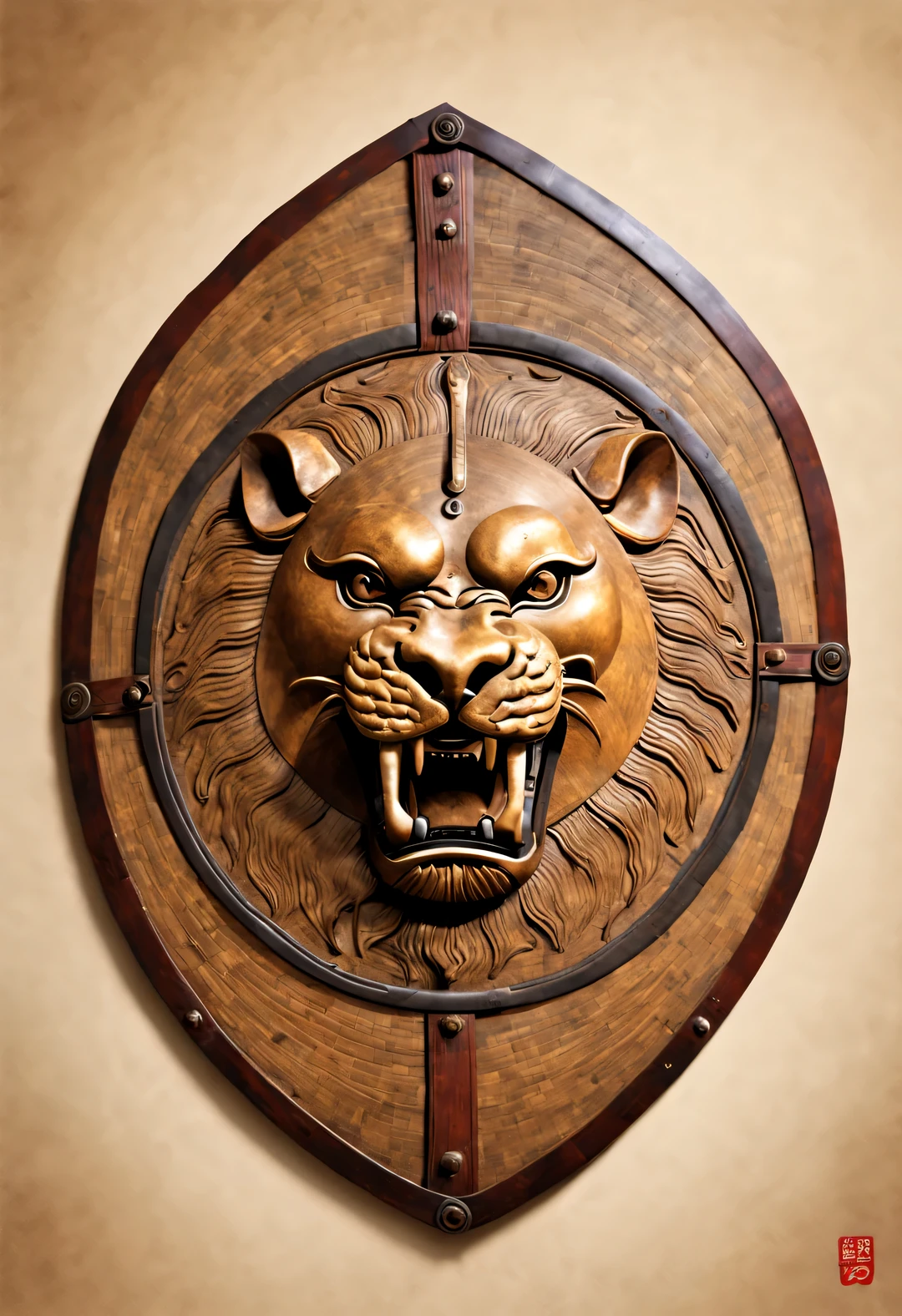 Shield design,Dundun of Shang and Zhou Dynasties,Shield from Shang and Zhou dynasties,Mostly used in vehicle and infantry battles,Use wood、Made of leather or woven with rattan,Approximately rectangular shape,Front bronze shield,have、Lion face etc.,All look ferocious,frighten the enemy。