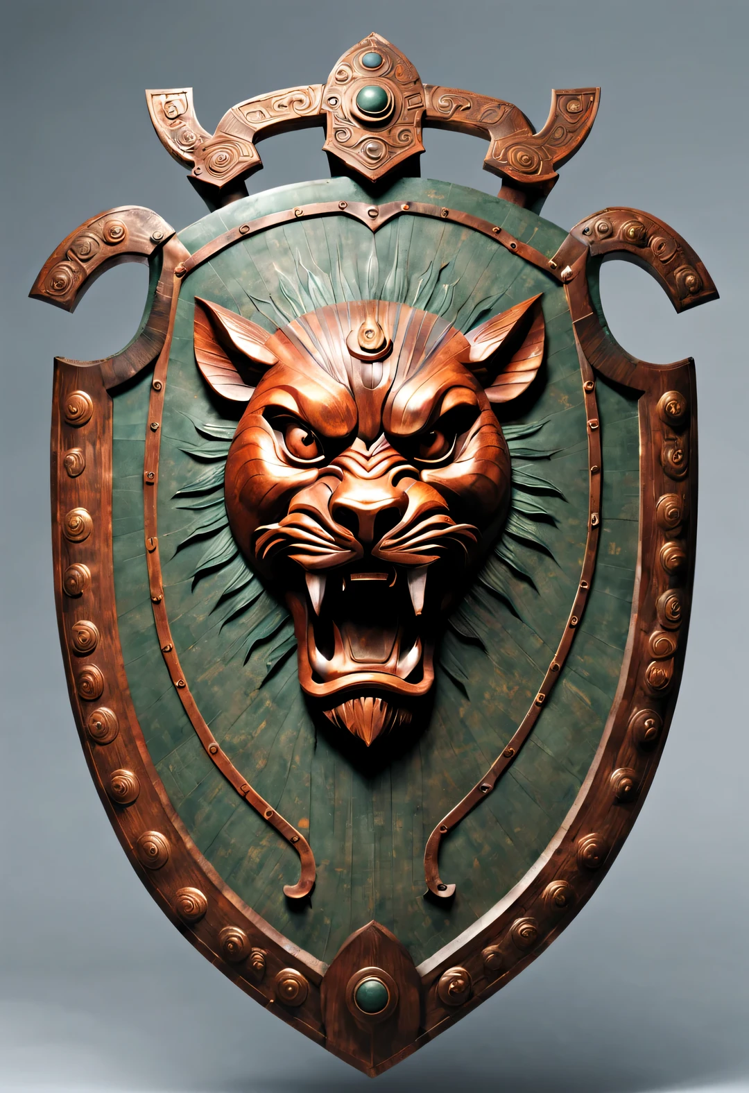 Shield design,Dundun of Shang and Zhou Dynasties,Shield from Shang and Zhou dynasties,Mostly used in vehicle and infantry battles,Use wood、Made of leather or woven with rattan,Approximately rectangular shape,Front bronze shield,have、Lion face etc.,All look ferocious,frighten the enemy。