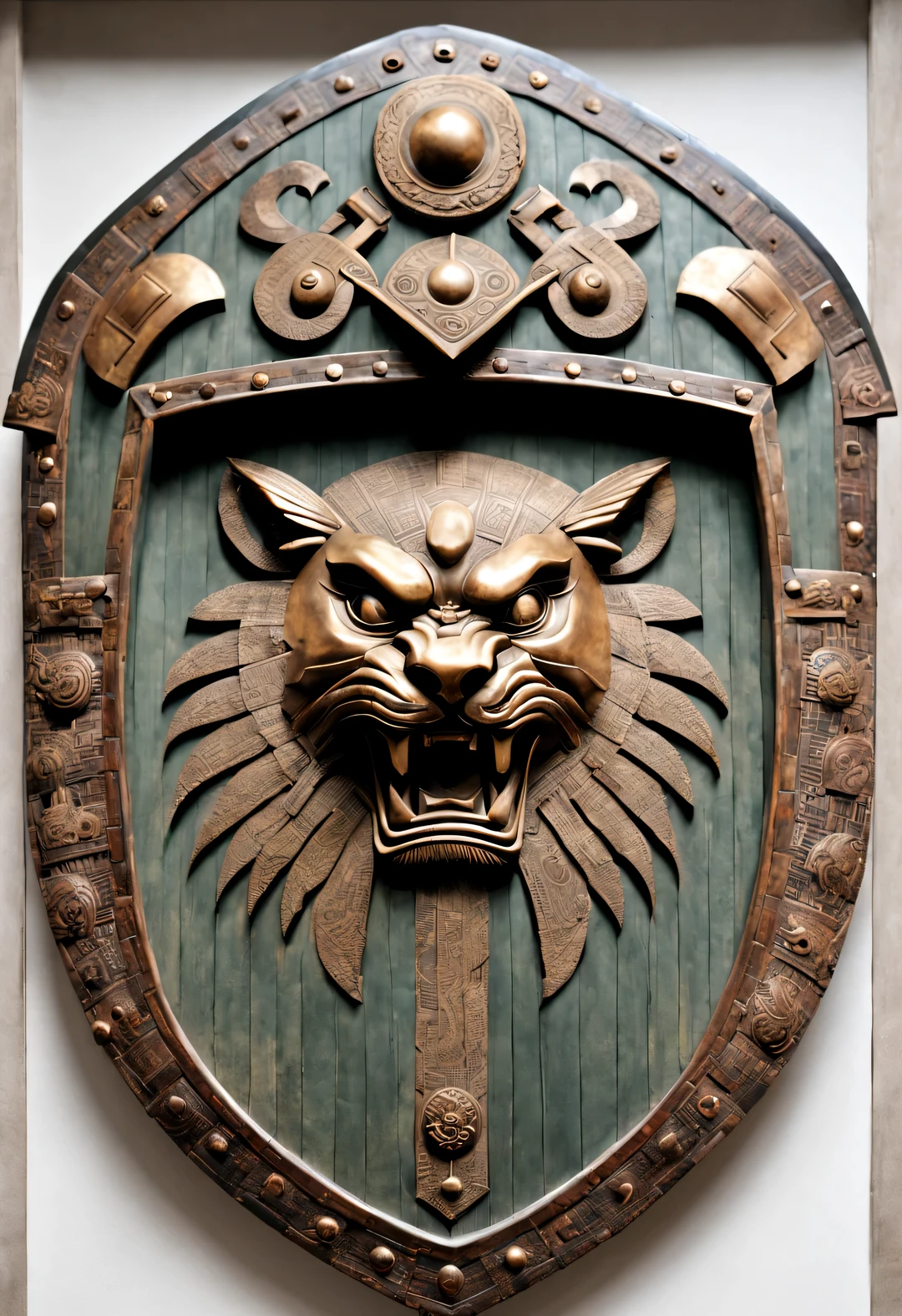 Shield design，Dundun of Shang and Zhou Dynasties，Shield from Shang and Zhou dynasties，Mostly used in vehicle and infantry battles，Use wood、Made of leather or woven with rattan，Approximately rectangular shape，Front bronze shield，have、Lion face etc.，All look ferocious，frighten the enemy。