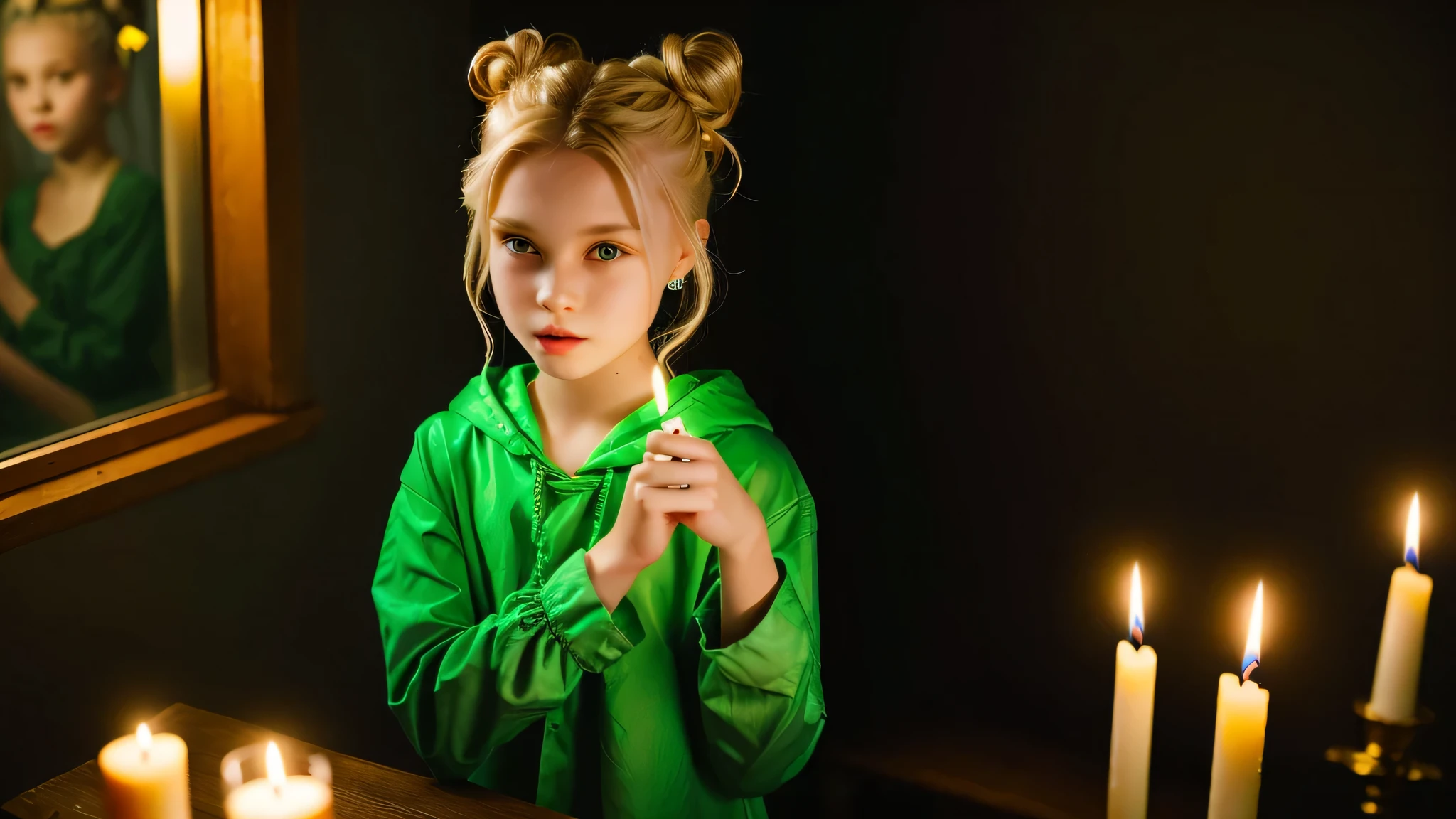 KIDS GIRL vampire blonde HAIR BUN green clothes. and candles, green light candles., banished of sin