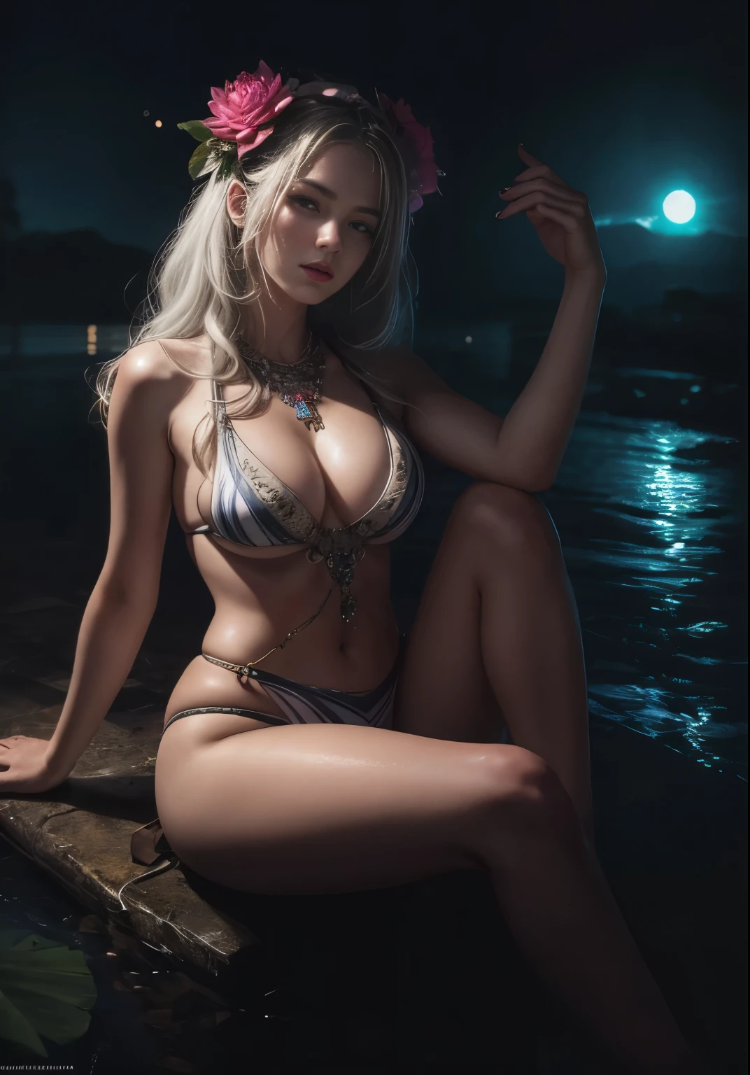 Sitting by a lake full of lotus flowers, official art, unity 8k wallpaper, ultra detailed, beautiful and aesthetic, masterpiece, best quality, (zentangle, mandala, tangle, entangle), (fractal art, naked, perfect breasts:1.3) , 1girl, extremely detailed, dynamic angle, the most beautiful form of chaos, elegant, a brutalist designed, vivid colours, romanticism, by james jean, roby dwi antono, ross tran, francis bacon, michal mraz, adrian ghenie, petra cortright, gerhard richter, takato yamamoto, ashley wood, atmospheric, ecstasy of musical notes, streaming musical notes visible , ear wolf, flower effect , flower background , (water splash) , Real, One Girl,Squatting,Aheface, White Hair,Forward Bend, Red Eyes, Glowing Eyes, Simple Background,Fantastic, Stormy, Wet,Forest, Water, Lying , Wonderful, Hairstyle Short Cut, Impossibly Large, Angled Below, Striped Micro Bikini, , Silver T-Back, Back, Protruding Buttocks, Parted Lips, Blushing, Rough Breath, Flower, Sun, Sunlight, {{{Masterpiece}}}, {{{{{Official Art}}}}}, {{{high quality}}}, {{{highest quality}}}, {{{{8k_wallpaper}}}}, {{{{Very detailed eyes}}}}, {{{{{Very detailed body}}}}, {{{Very detailed finger}}}