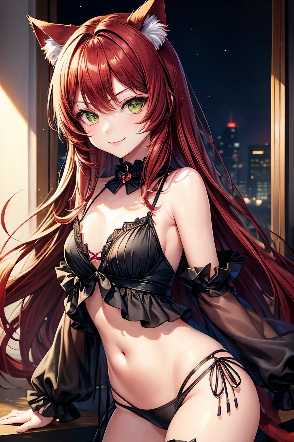 young cute anime catgirl, dark red hair, deep green eyes, cat ears and cat tail, beautiful and seductive look, anime style, closed mouth beautiful smile, small lips