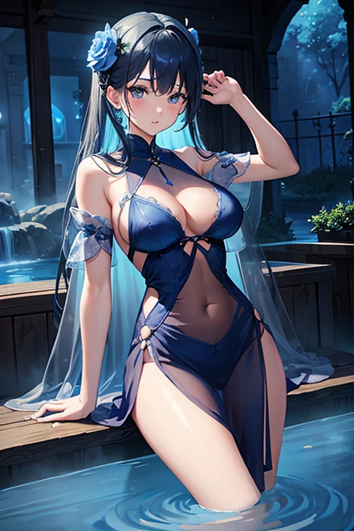 (highest quality, 8K, 32K, masterpiece, UHD: 1.3), 1 female, (Oversized: 1.3), perfect figure,, (attractive), (Sheer skin)) 、((((Transparent see-through dress))))、see-through dresses、lace sheer dress、Transparent dress、Sheer skin、Transparent dressを着た美しい裸の女性、solo、best style、big breasts、The most beautiful in the world、unparalleled beauty、long hair、 ((blue bathhouse)),、Blue lighting. concept art stunning atmosphere, blue atmosphere, beautiful concept art, dark majestic gorgeous pool、(blue water辺、blue water)、blue stone、blue stone、blue reflection、Cyan color、get wet in blue water、Blue light、blue flower、Blue roses、Blue World、Expressive、sexy pose、sexy design、nipple