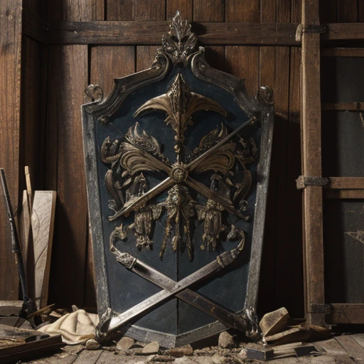 stilllife front view, metal huge battle shield in centre, symmetric composition, ancient old damaged shield with covered decor, front vew frontal, wood metal, super detailed, high resolution, ultra detalisation. masterpiece, ancient weapon steel swords around, pile of weapons steel swords weapon/