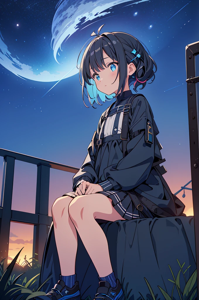 ,,ultra-detailed,starry skies,milky way,many round clouds, {{cute clouds on the ground}}, {{1 girl}},girl sitting on bench, looked down,expressionless, focus on girl,, {{{cartoon style}}}, {{{monotonous}}},[flat color], {{{chroma}}},night,{{{{two-tone color black and Navy blue and bright blue}}}}, Luminous color,soft color,dark sky, [radio tower],radio system, parabolic antenna ,low angle,post-apocalypse,crashed spaceship,shadow,,[[chromatic aberration]]