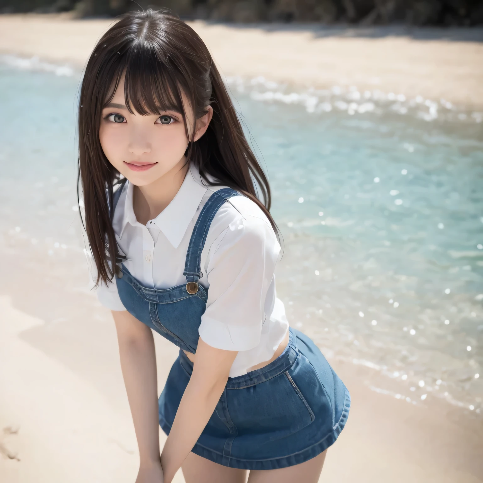 Smile、Harajuku、24 year old beautiful girl from Prague、original photography、(((ultimate beauty portrait)))、((sparkling skin))、((brown hair))、bright expression、((Big eyes sparkling like gems))、、pantyhose、Glowing and radiant skin、(medium hair)、(silk ponytail)、(standing)、(from below)、under skirt、Eyeliner、beautiful bangs、(Close-up from below)、hair between eyes、((masterpiece、top quality、Super detailed、movie light、intricate details、high resolution、Very detailed))、background for this、8 kood、digital SLR、soft light、high quality、film grain、富士XT3 、shallow view deep、natural soft light、Kamimei、Above the legs、Look at the sexy shots of the camera、collared shirt、Holding a bouquet of flowers、standing at the beach、from below,