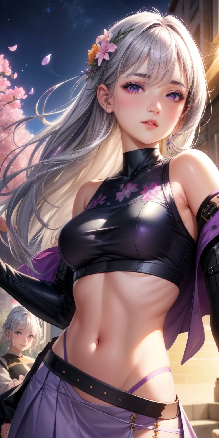 realistic, 1 girl, gray hair, purple eyes, shining eyes, crop top, skirt, parted lips, blush, night, flowers, sun, sunlight,
