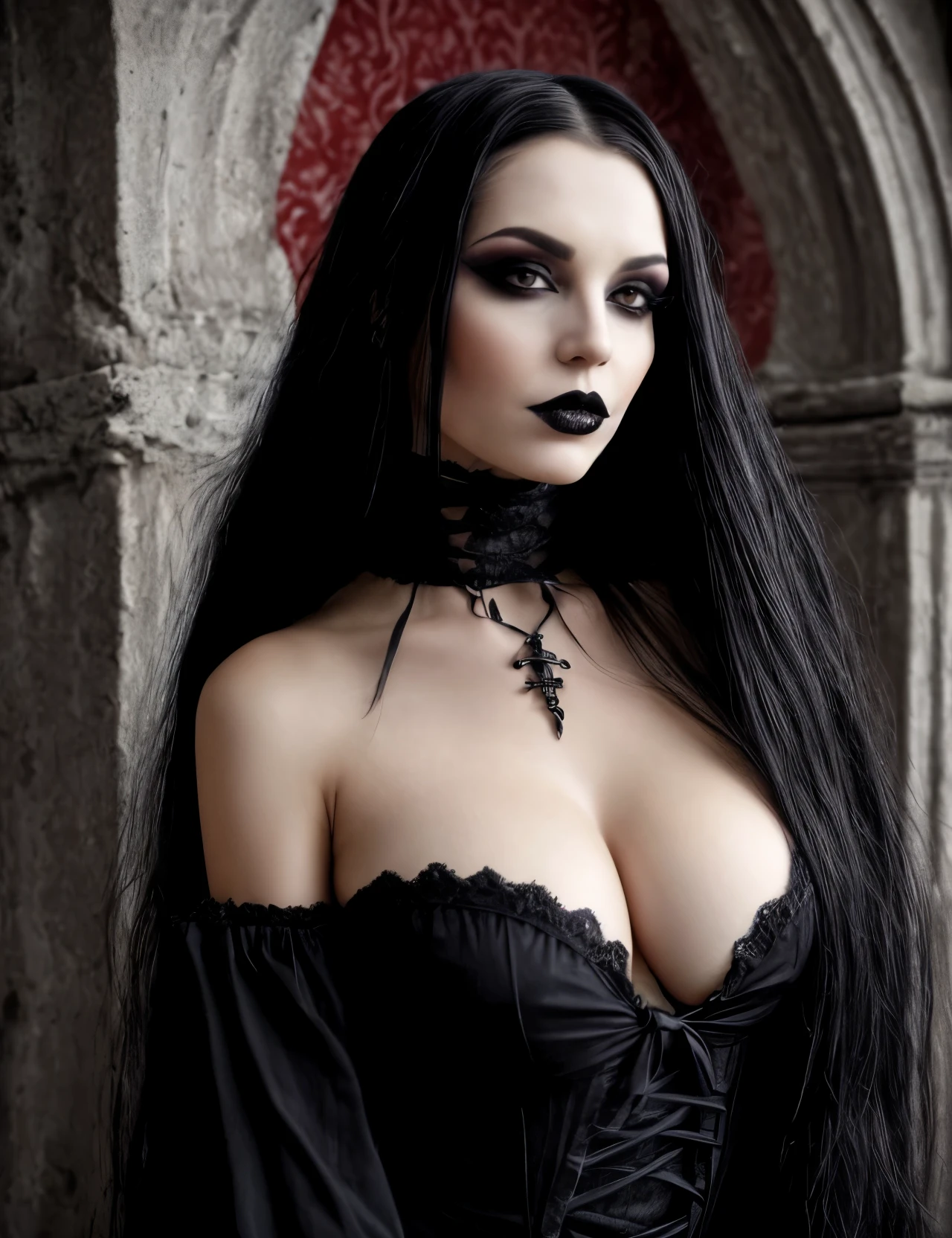 arafed woman in a gothic dress with a gothic make up, black long hair in a messy bun beautiful vampire queen, beautiful vampire female queen, gothic maiden, goth woman, beautiful female vampire, very beautiful goth top model, gothic girl, dark goth queen, gothic, pale goth beauty, gothic maiden of the dark, dark vampire, gothic art, vampire queen, portrait of beautiful vampire