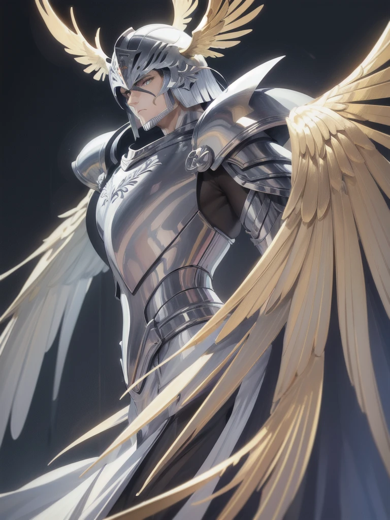 (a man warrior with silver armor, helmet:1.1, drawing style:1.1 (expressionist), best color guiding, a masterpiece golden wing behind his back, hyper detail wings, super realistic detail, big wings, vivid colors)